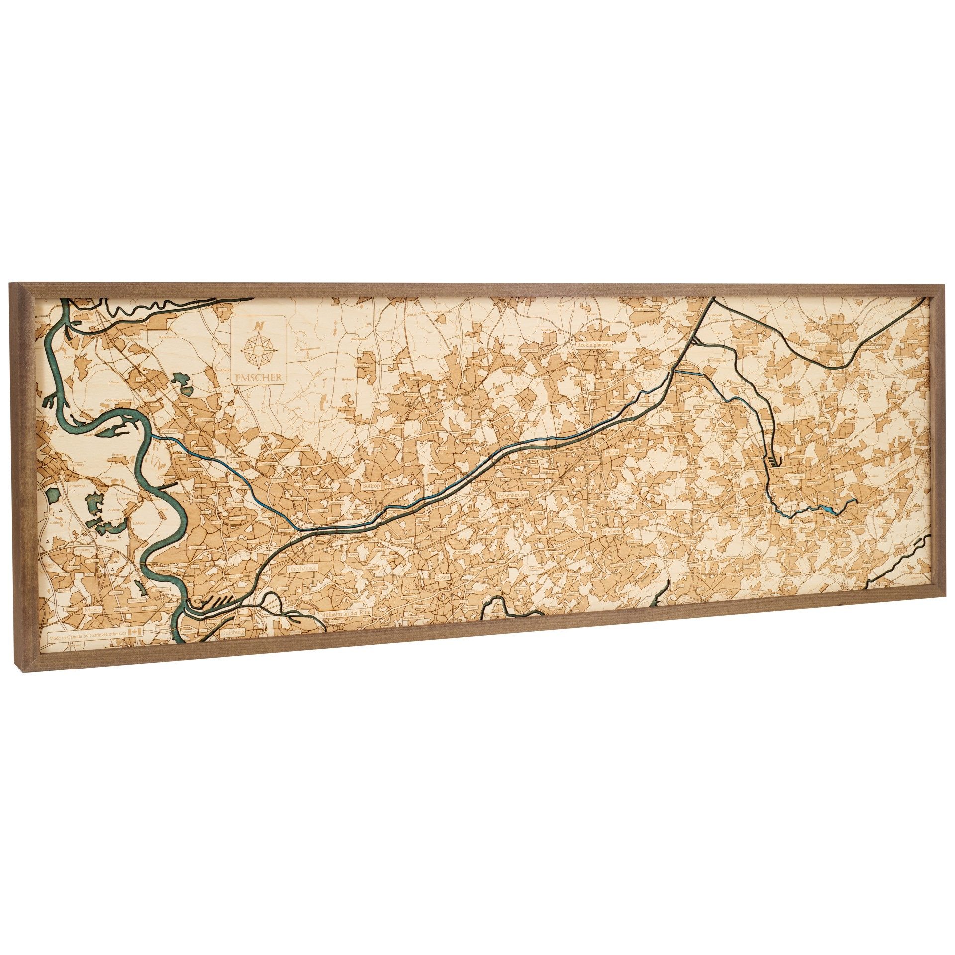 Cutting Brothers Holzbild Emscher 122x40.5 cm, 3D Holz-Wandkarte, handgefertigt aus Echtholz