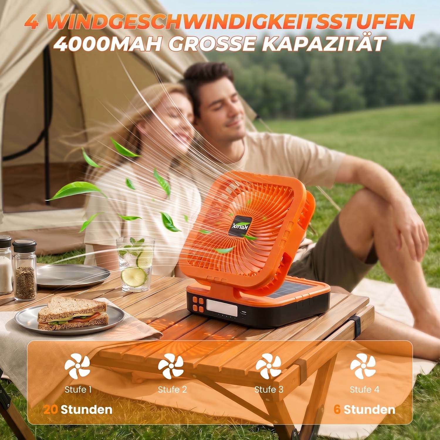 kehot Tischventilator Campingventilator mit Licht und Fernbedienung, Faltbarer Outdoor-Ventilator, Solaraufladung, 45°/90° Oszillation