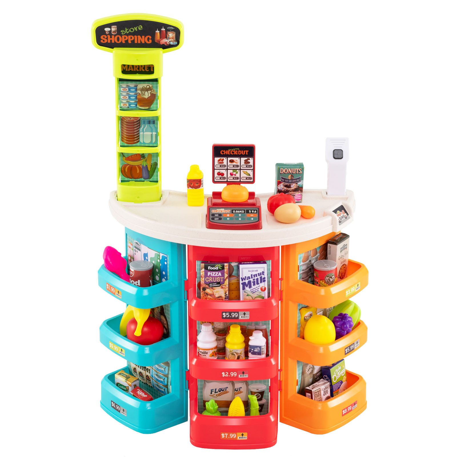 COSTWAY Kaufladen, Spielzeug Supermarkt mit Einkaufswagen, Waage & Scanner
