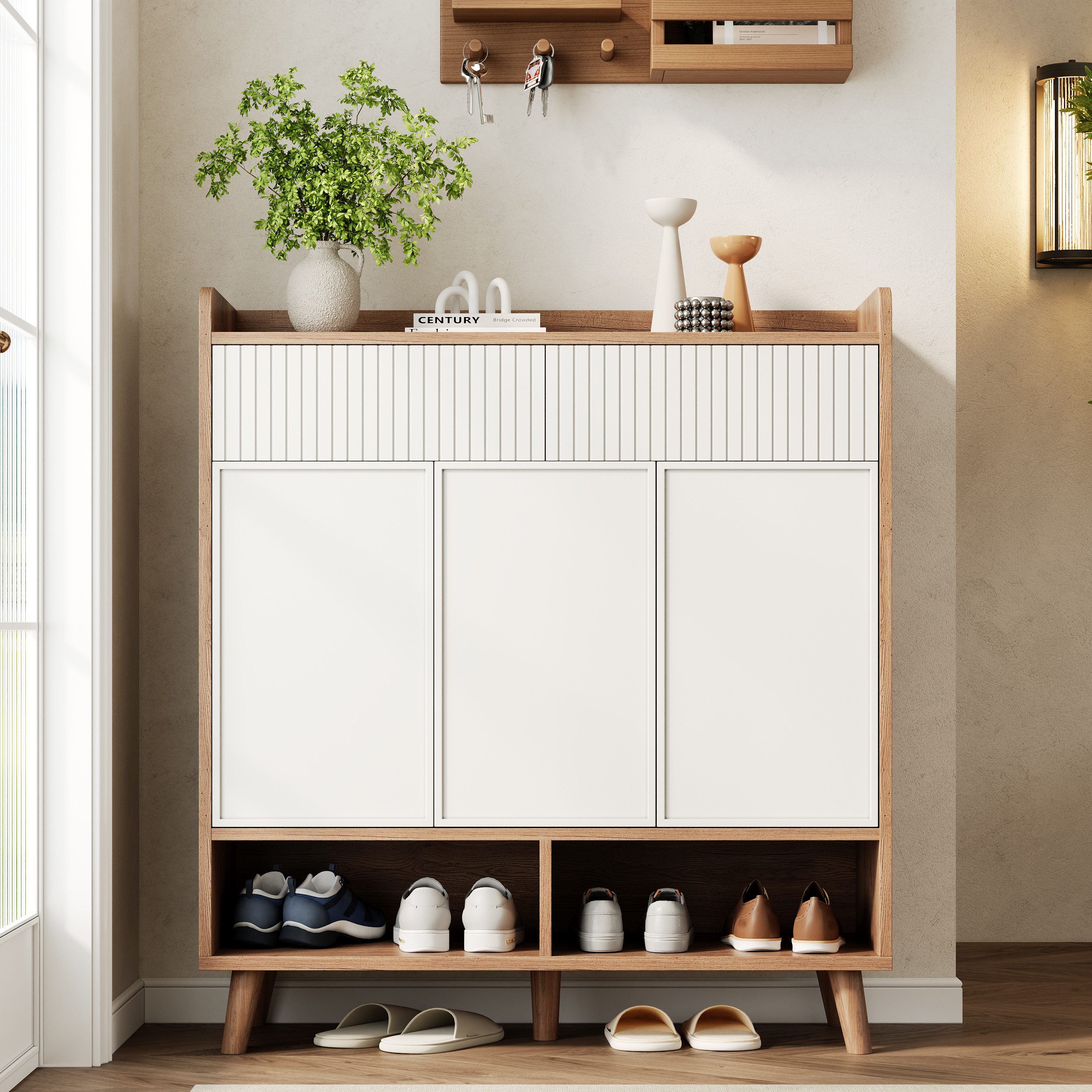 Flieks Schuhschrank mit 2 Schubladen, 3 Türen und 2 offenen Fächern Weiß+Natur (90x35x100 cm, 1-St) Mehrzweckschrank Schuhkommode mit verstellbarer Einlegeböden Holzoptik