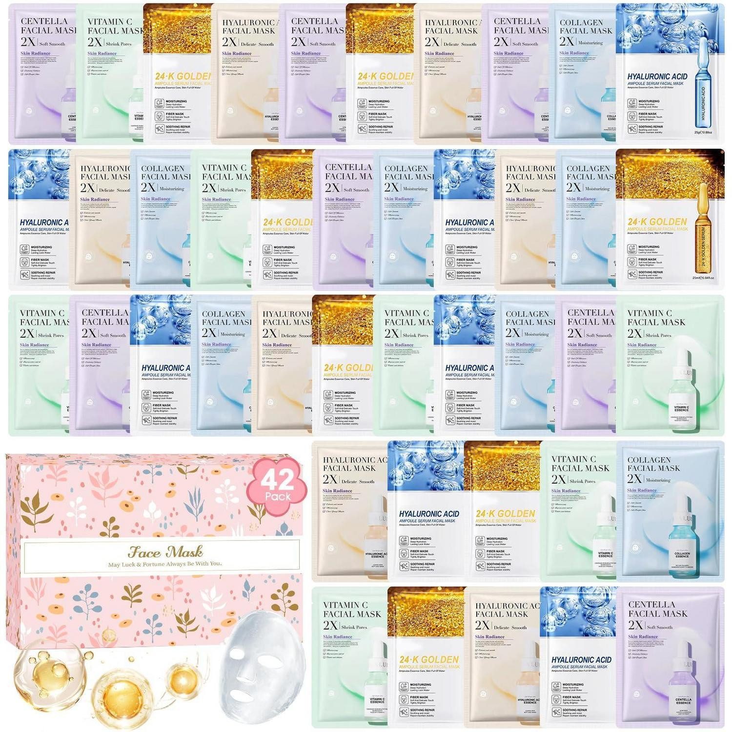 LuxusKollektion Gesichtsmasken-Set Gesichtsmasken Set 42Stk 6 Essenzen Feuchtigkeitsspendend
