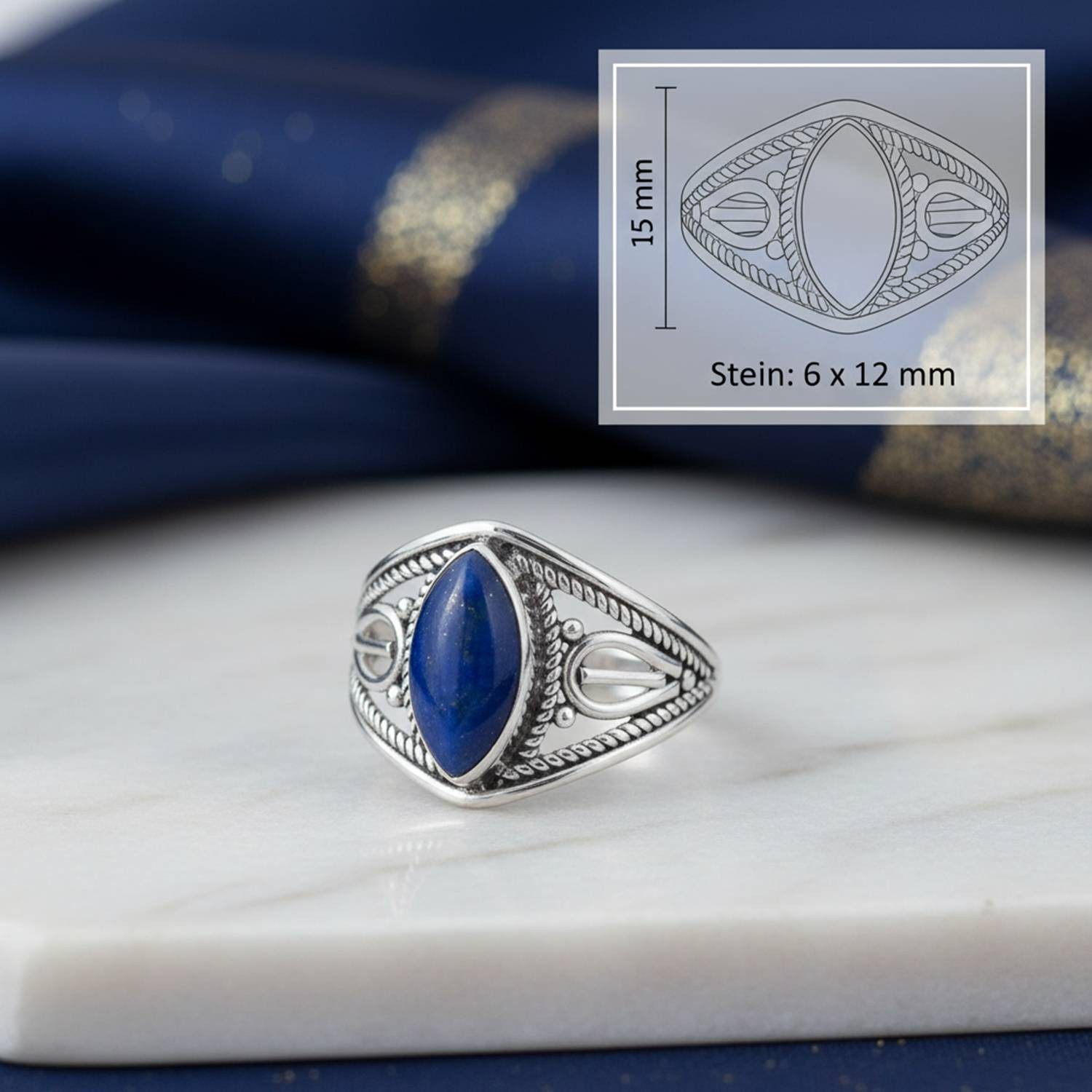 mantraroma Silberring DAHAB Ellipse aus 925 Silber mit Lapis Lazuli (Ring mit Schmuckbeutel), Damenring aus 925er Silber