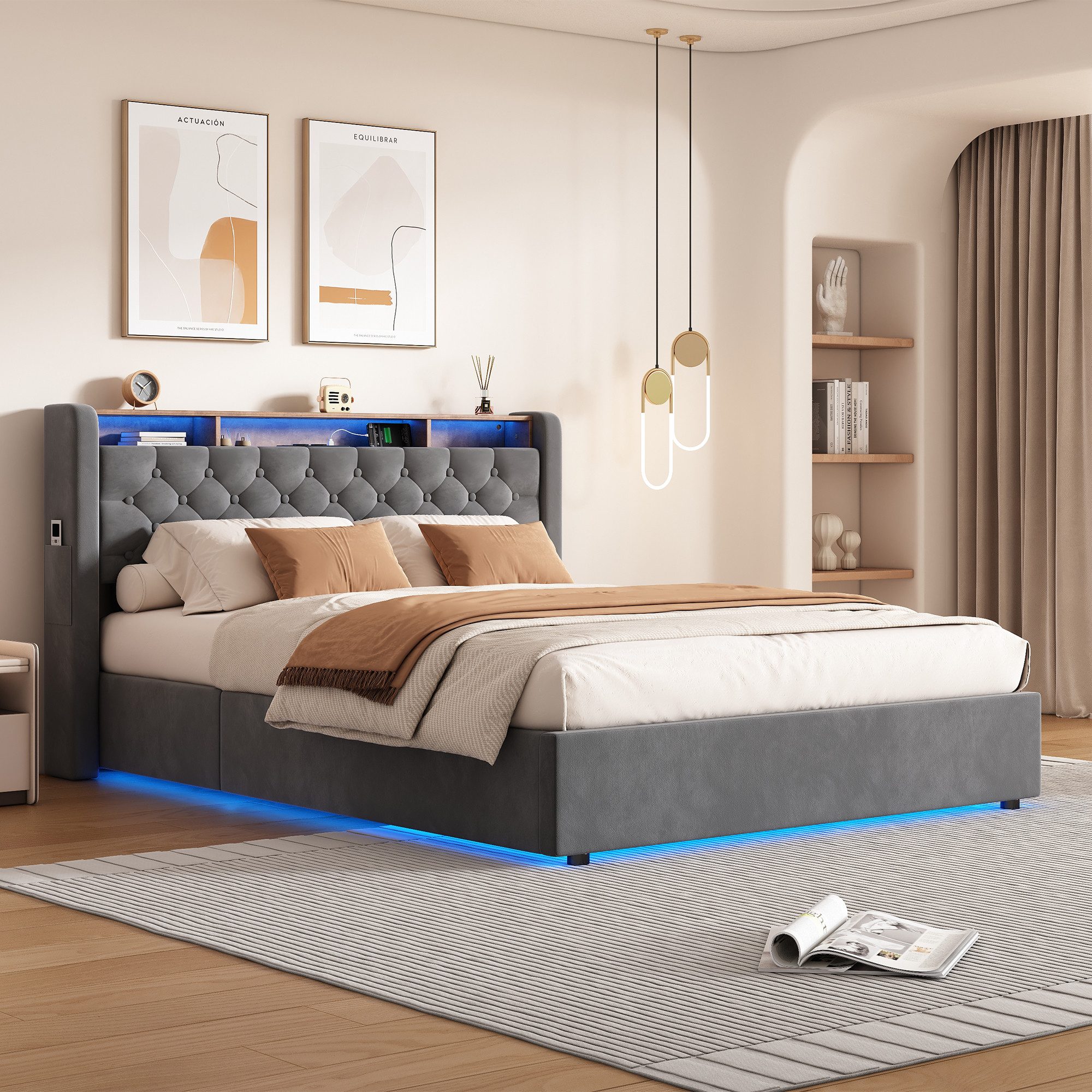 OKWISH Polsterbett mit USB-Anschlüsse, Hollandvelours& Kopfteil-Ablage (Funktionsbett, 2-tlg., Stabiler Metallrahmen in Grau, mit Matratze), 140x200cm mit Stauraum & LED-Beleuchtung