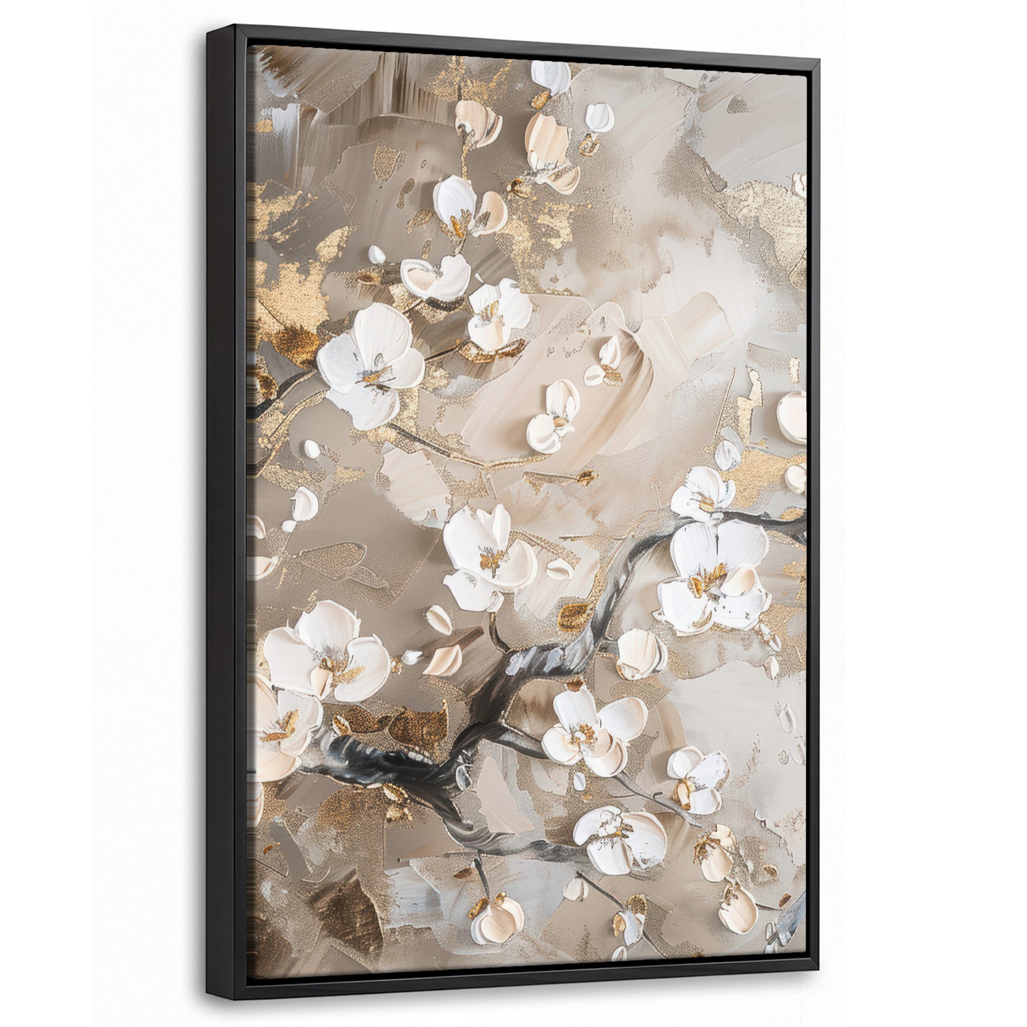 OneMillionCanvasses® Leinwandbild mit Rahmen - Blumen - Weiß - Gold - Beige - Luxus, Fotodruck (1 St), Deko für Wohnzimmer Schlafzimmer Küche 20x30cm