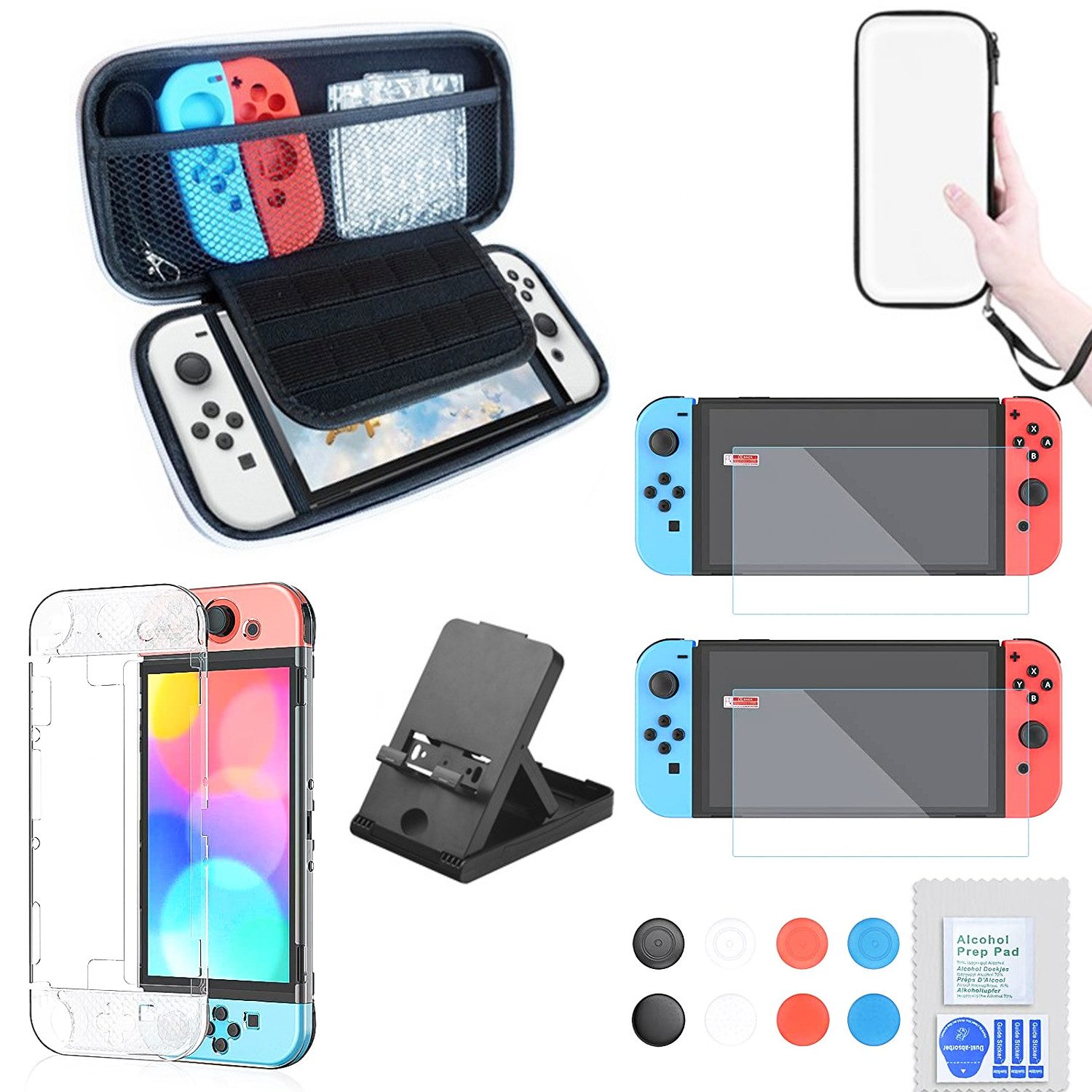 TUWENA Nintendo-Schutzhülle 6 in 1 Zubehör Set für Switch OLED, Tasche & Schutzfolie, Transparent Hülle, Support Station