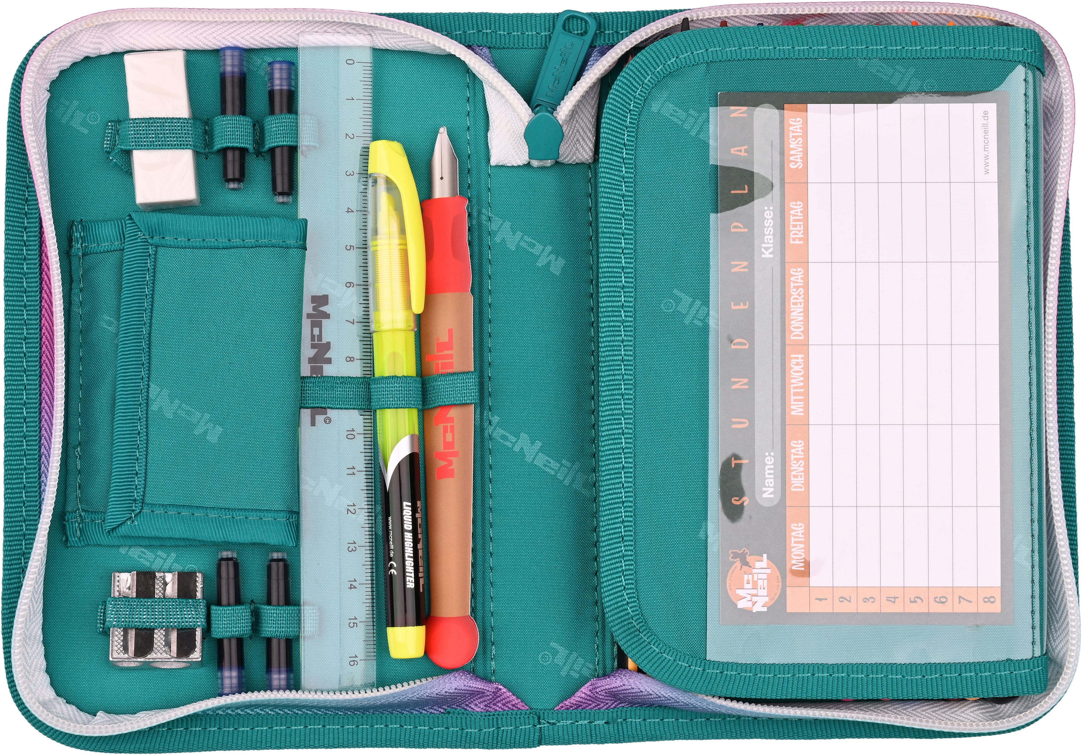 McNeill Schulranzen Bravo, inkl. Etui, Turnbeutel, (Set, 9-tlg., Schlamperrolle, Trinkflasche, Lunchbox, 2 Magnete & 1 Anhänger)