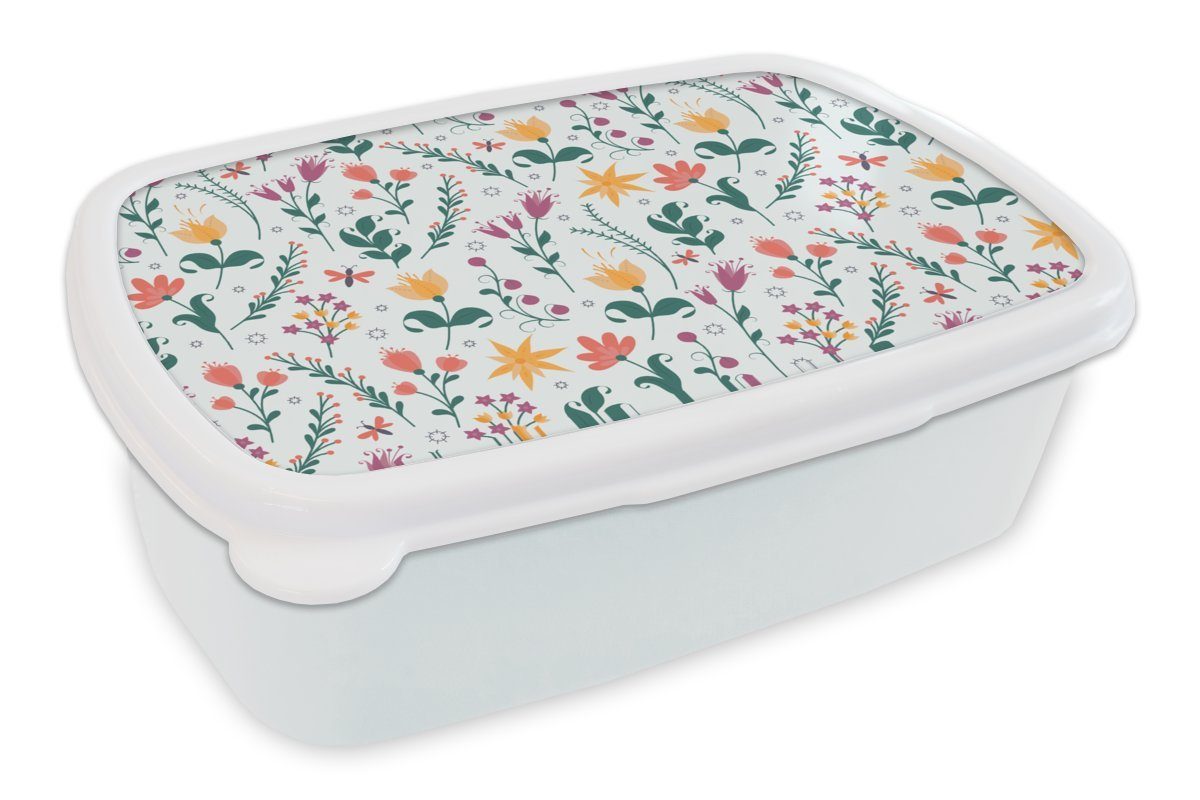 MuchoWow Lunchbox Muster - Blumen - Blätter, Kunststoff, (2-tlg), Brotbox für Kinder und Erwachsene, Brotdose, für Jungs und Mädchen weiß
