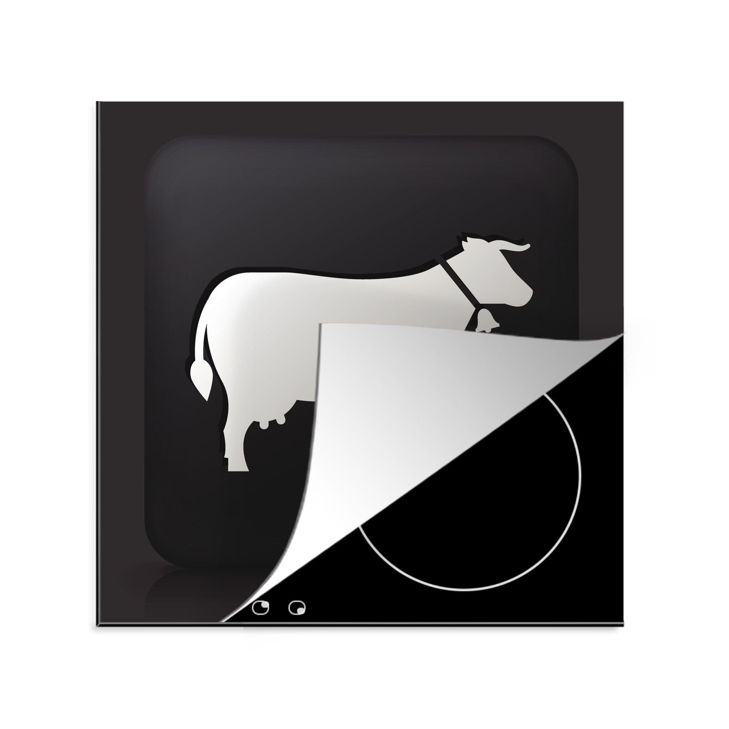 MuchoWow Herdblende-/Abdeckplatte Eine Illustration einer Kuh auf schwarzem Hintergrund, Vinyl, (1 tlg), 78x78 cm, Ceranfeldabdeckung, Arbeitsplatte für küche
