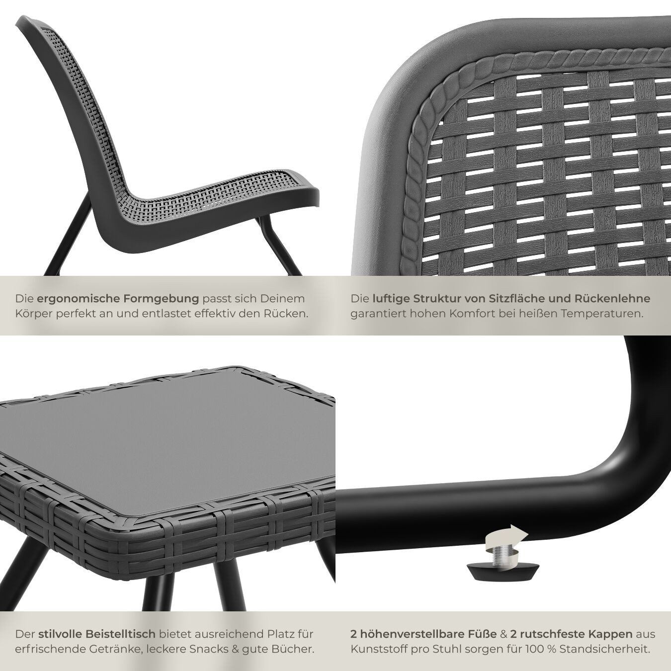 tectake Sitzgruppe Gartenlounge für 2 Personen, Belastbarkeit Stuhl 120 kg, Schraubfüße, (Loungeset Modica, 3-tlg., für Außen in Grau), in Rattanoptik, widersta – Bild 4 von 5