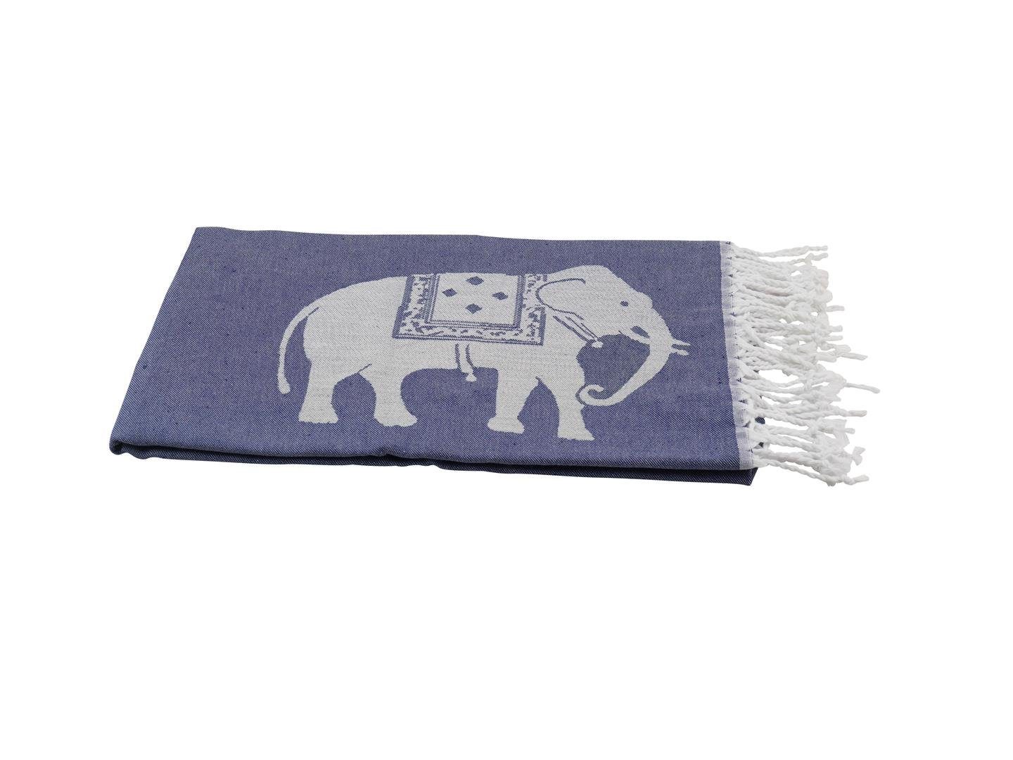 my Hamam Hamamtücher Elefanten Motiv mit (1-St), Saunahandtuch, Polyester Motiv großes Fransen, 100x180, Baumwolle, blickdicht, marineblau Hamamtuch Hamam