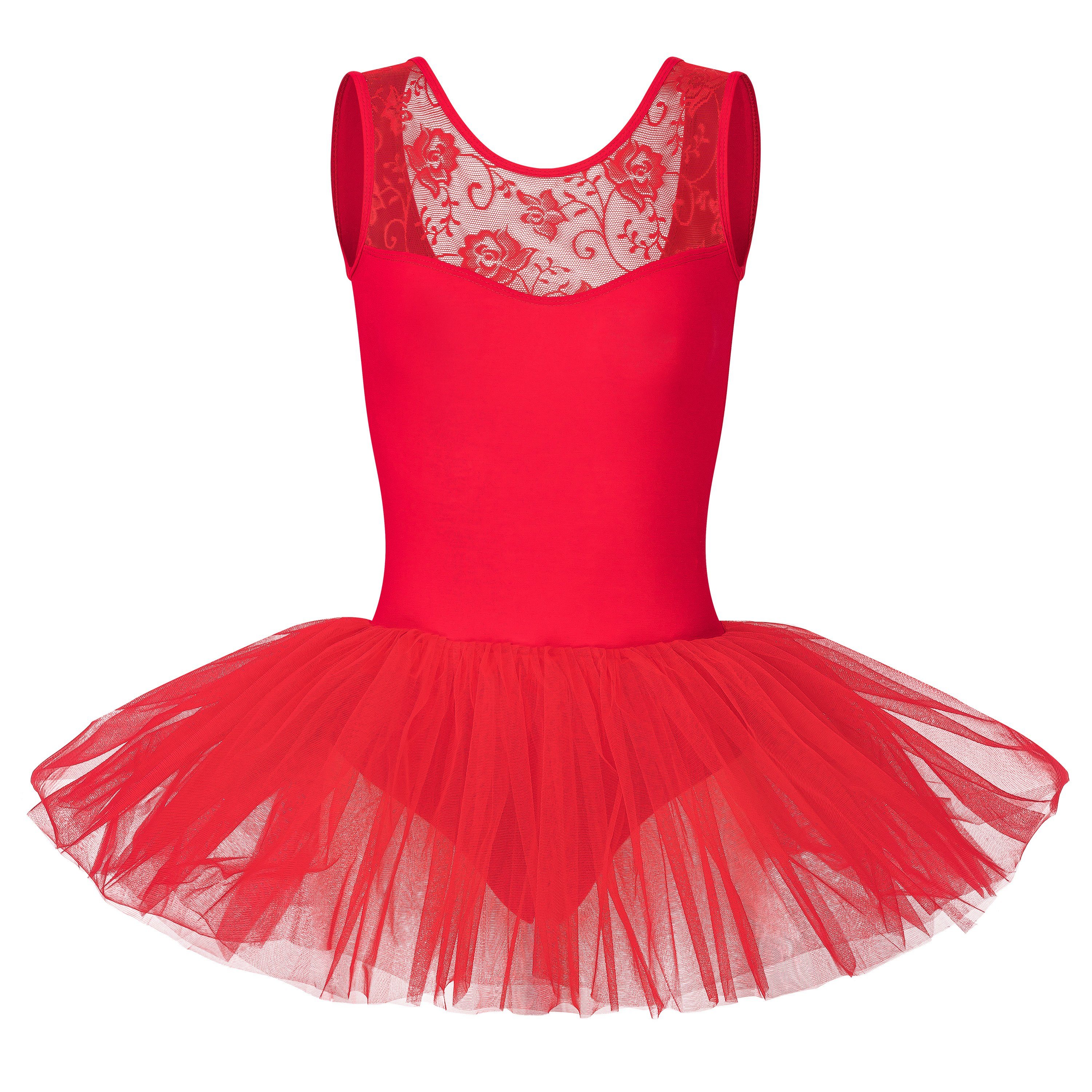 Tüllkleid Ballett tanzmuster rot langem Tutu mit für Baumwolle Lottie Mädchen weicher aus Ballettkleid mit Spitzeneinsatz Tüllrock,