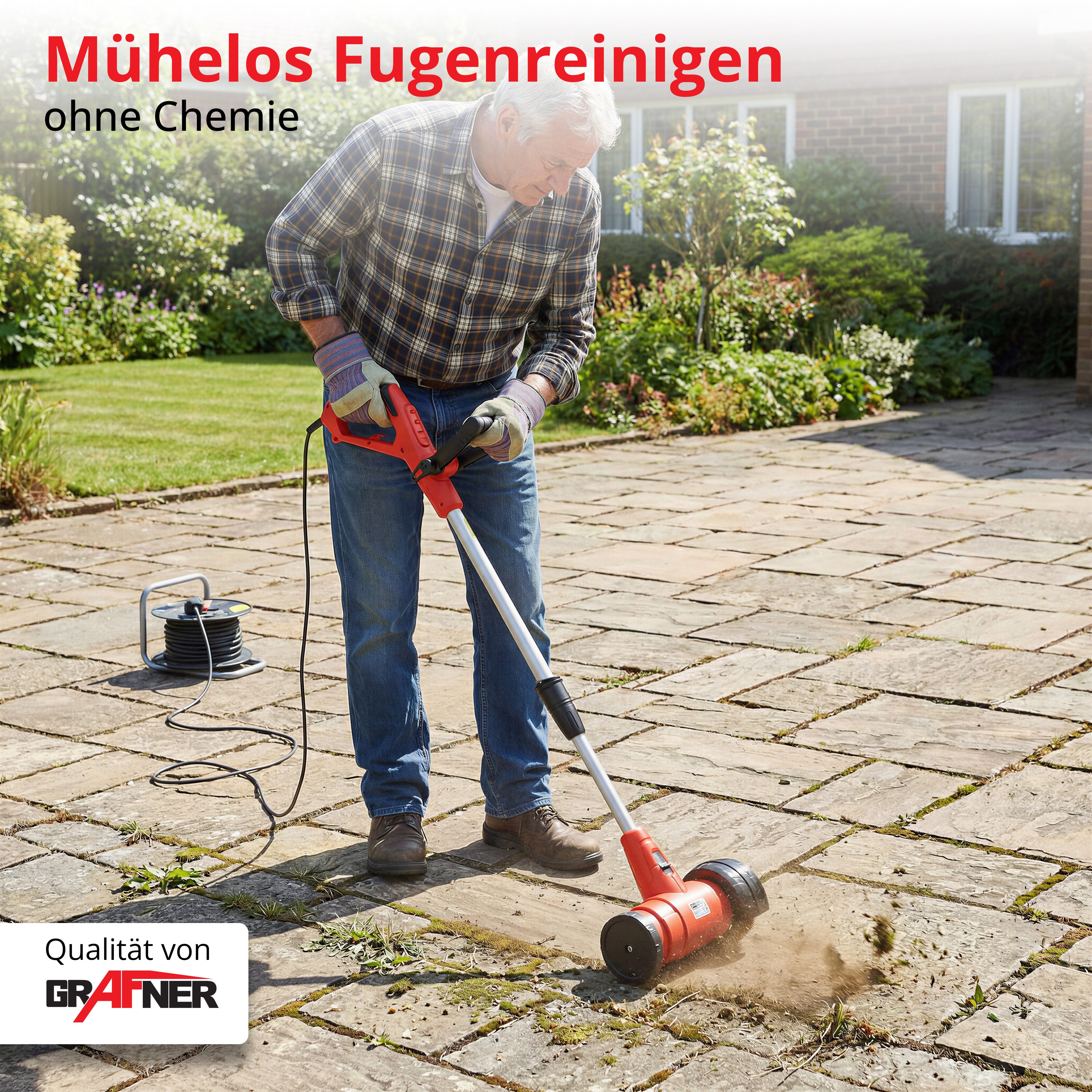 Grafner Elektro-Fugenbürste Unkrautfugenbürste elektrisch inkl. 2 Fugenbürsten 400W Fugenreiniger, 110,00 cm Bürstendurchmesser, Stk., 1, incl. 2x Bürsten, 400 Watt, 1800 U/min, Teleskopstiel 89-115 cm
