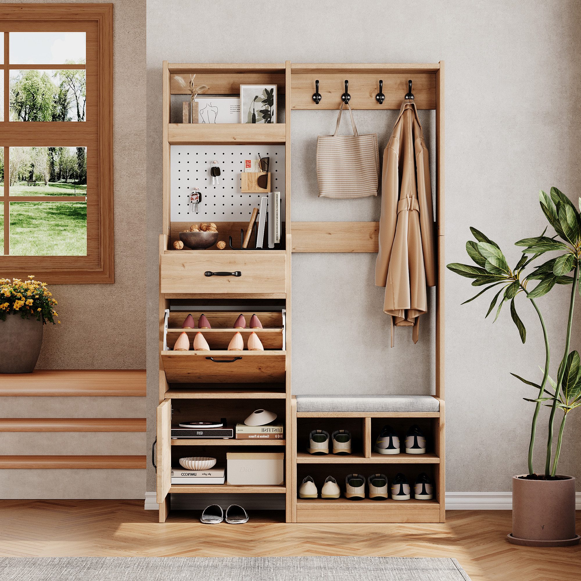 i@home Garderobenschrank Flurgarderobe Set mit Schuhbank & Lochwand B108.5 x T35 x H180 cm, Natur, für kleine Wohnungen