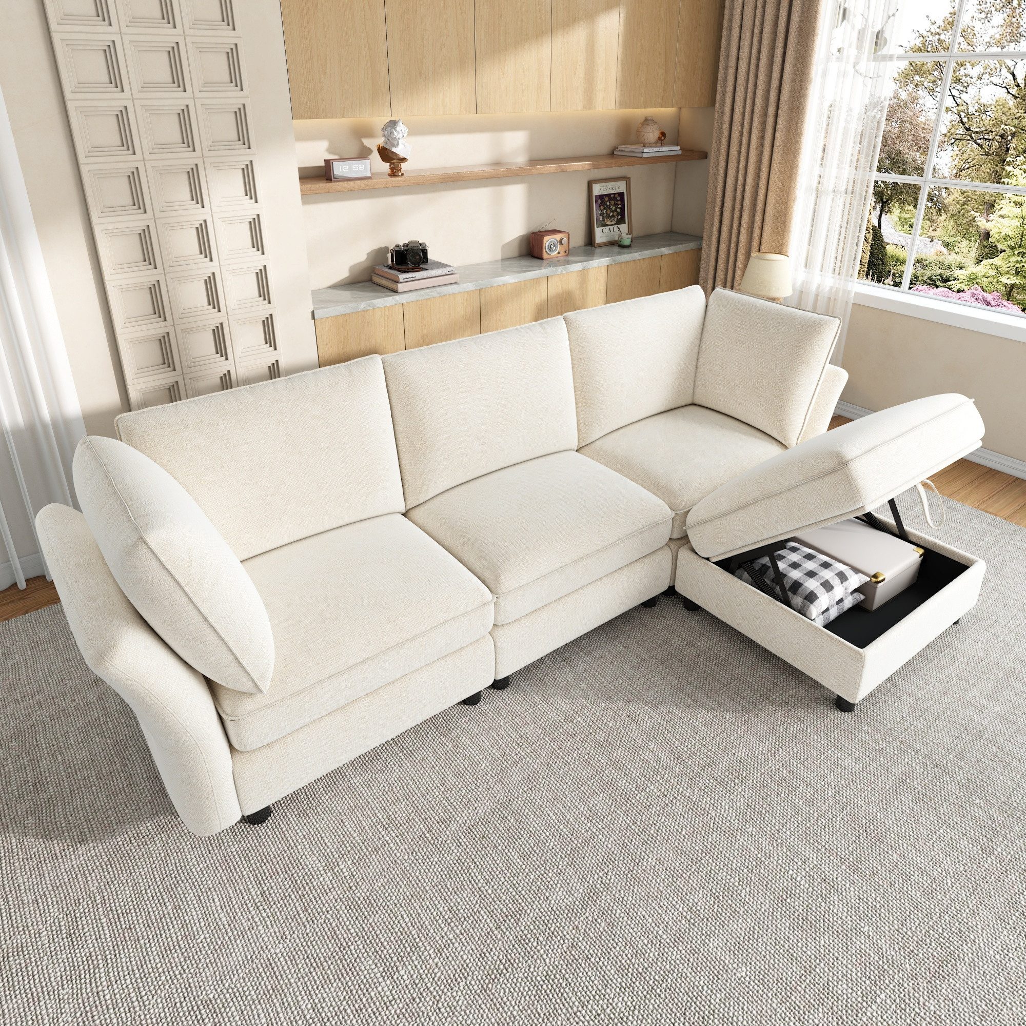 i@home Ecksofa Cloud‑Sofa Sitzgefühl, weich gepolstert, mit Stauraum‑Hocker, 2 Armlehnenkissen, grau/beige, 225*137*84cm, Eckcouch