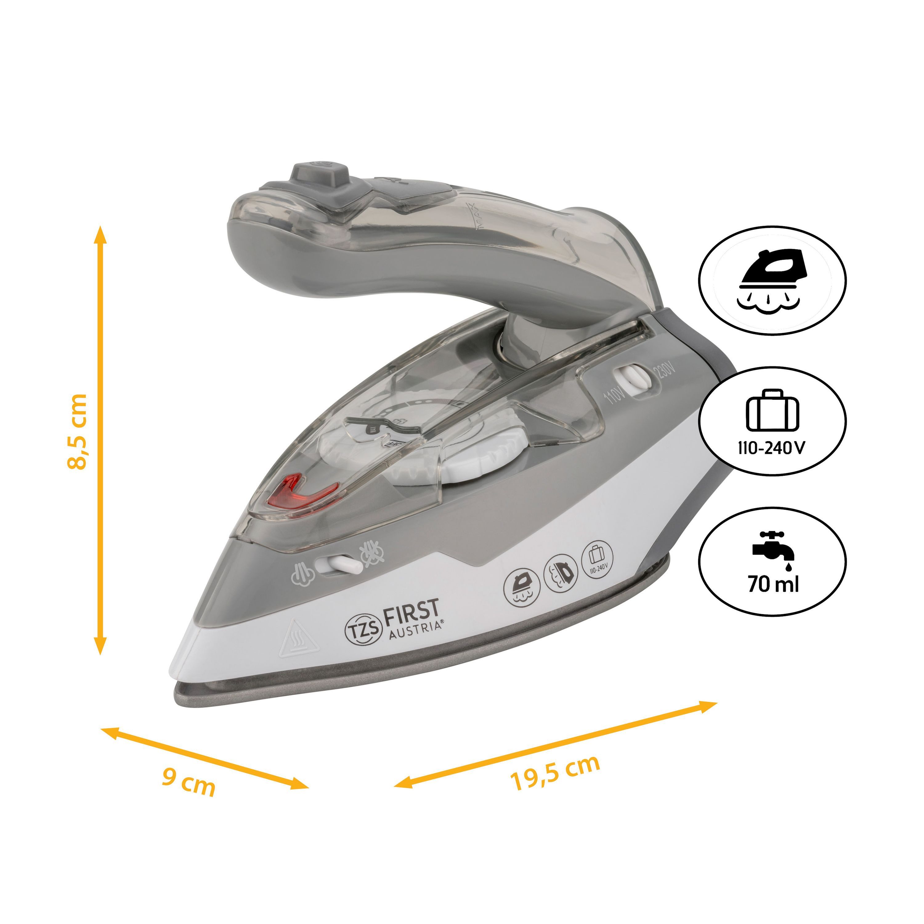 TZS FIRST AUSTRIA Reise-Dampfbügeleisen Reisebügeleisen, Mini Bügeleisen mit Klappgriff, Reise Bügeleisen, 750g, Spannungswähler 110/240 Volt, ideal für Urlaub, Reise, Camping