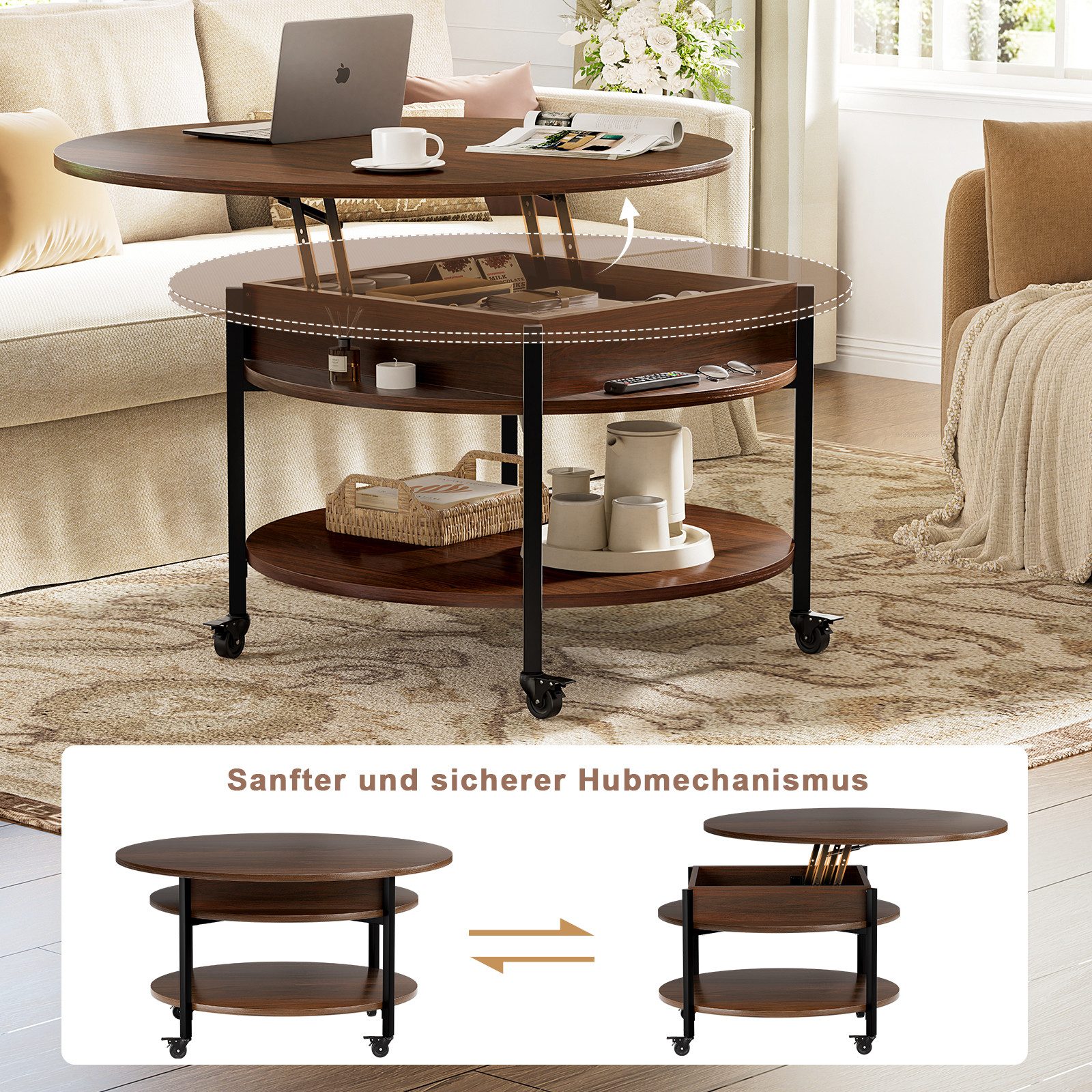 FABATO Couchtisch Runder Couchtisch mit Höhenverstellung, Rädern und Staufach (1-St), ideal für Wohnzimmer, in Braun – Bild 4 von 5