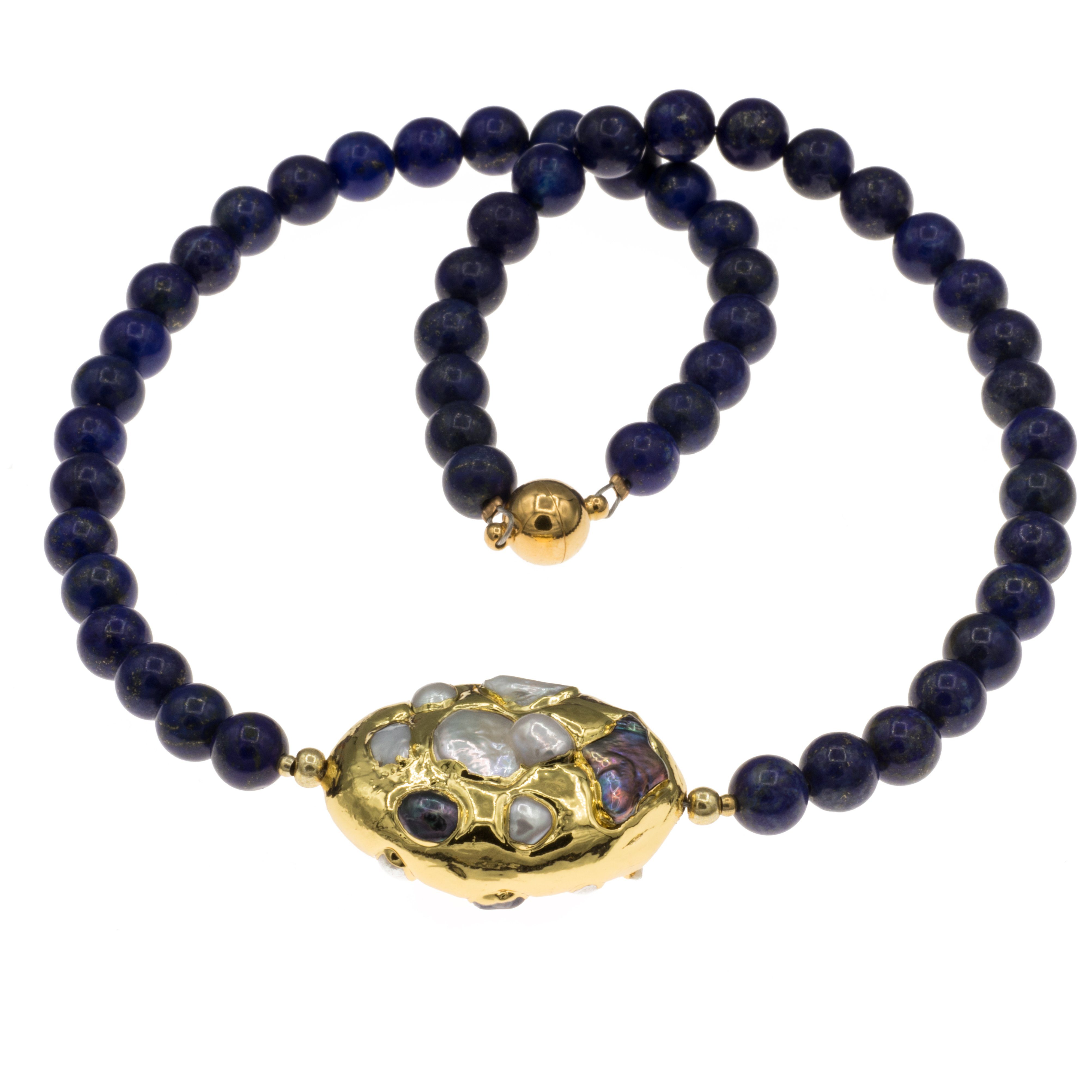 Perlenkette Kette mit Lapislazuli Perlen und einer verzierten Barockperle