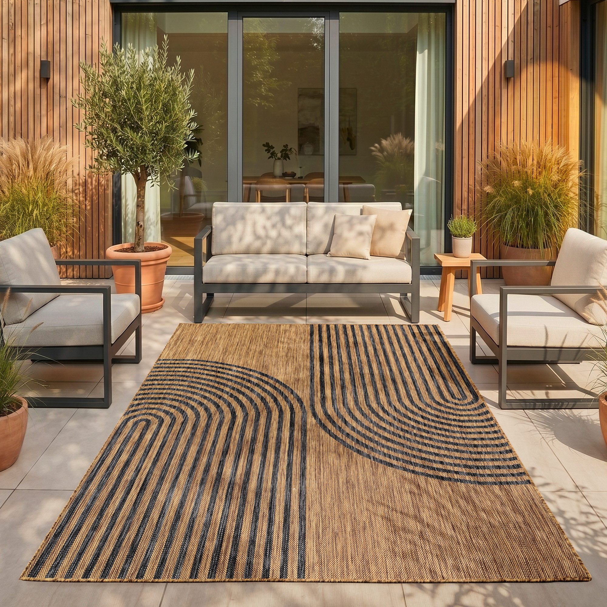 SIMPEX24 Outdoorteppich Geometrisch, Rechteck, Höhe: 3 mm, Teppich Wetterfest Waschbar Balkon, Garten, Terrasse und Küchenteppich