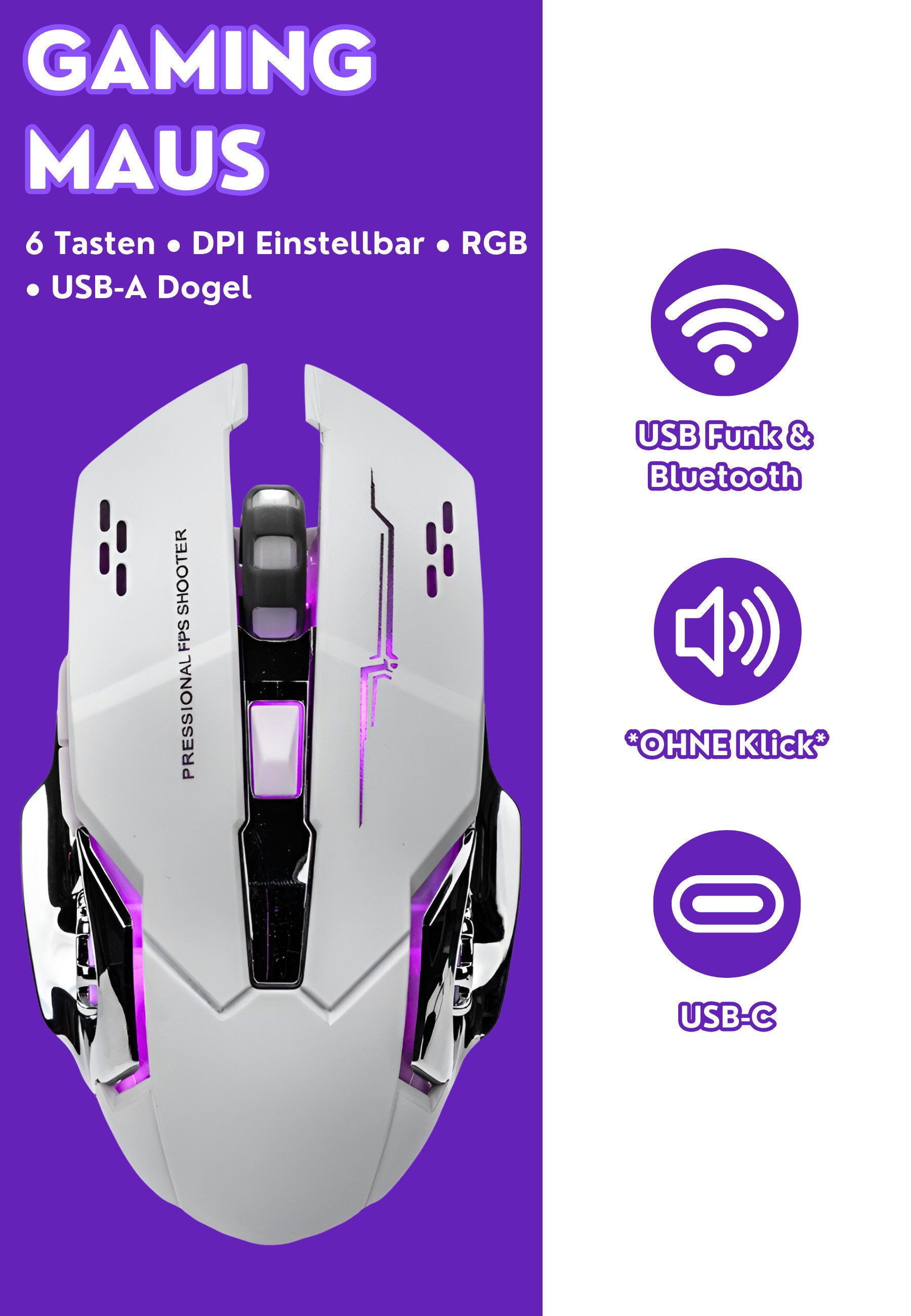 S&T Design Gaming Maus Kabellos RGB Wireless USB Gaming-Maus (Funk, 2400 dpi, Plug & Play 7 Tasten Extrem Leise Schwarz Weiss)