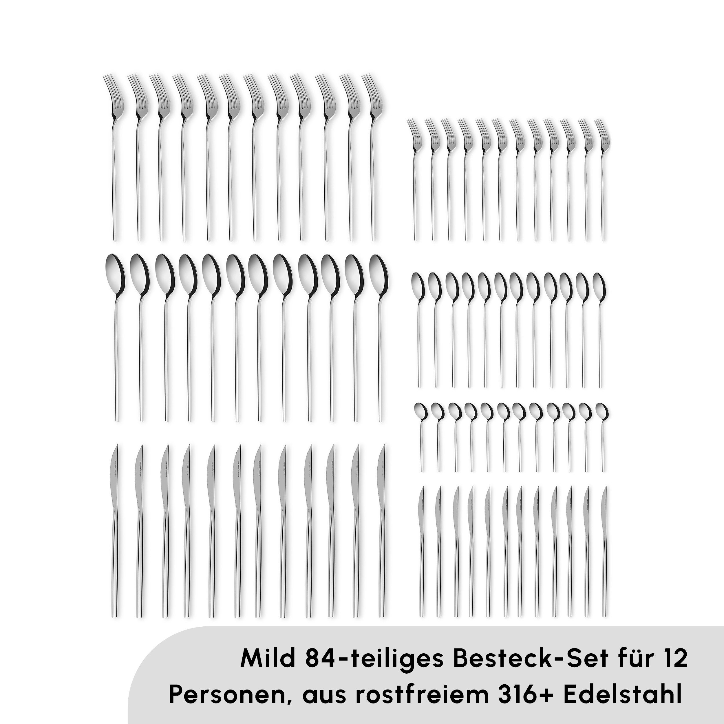 Karaca Besteck-Set Karaca Mild Besteckset für 12 Personen 84-teilig Edelstahl Silber (84-tlg), 12 Personen, 316+ Edelstahl, bruchfest rostfrei