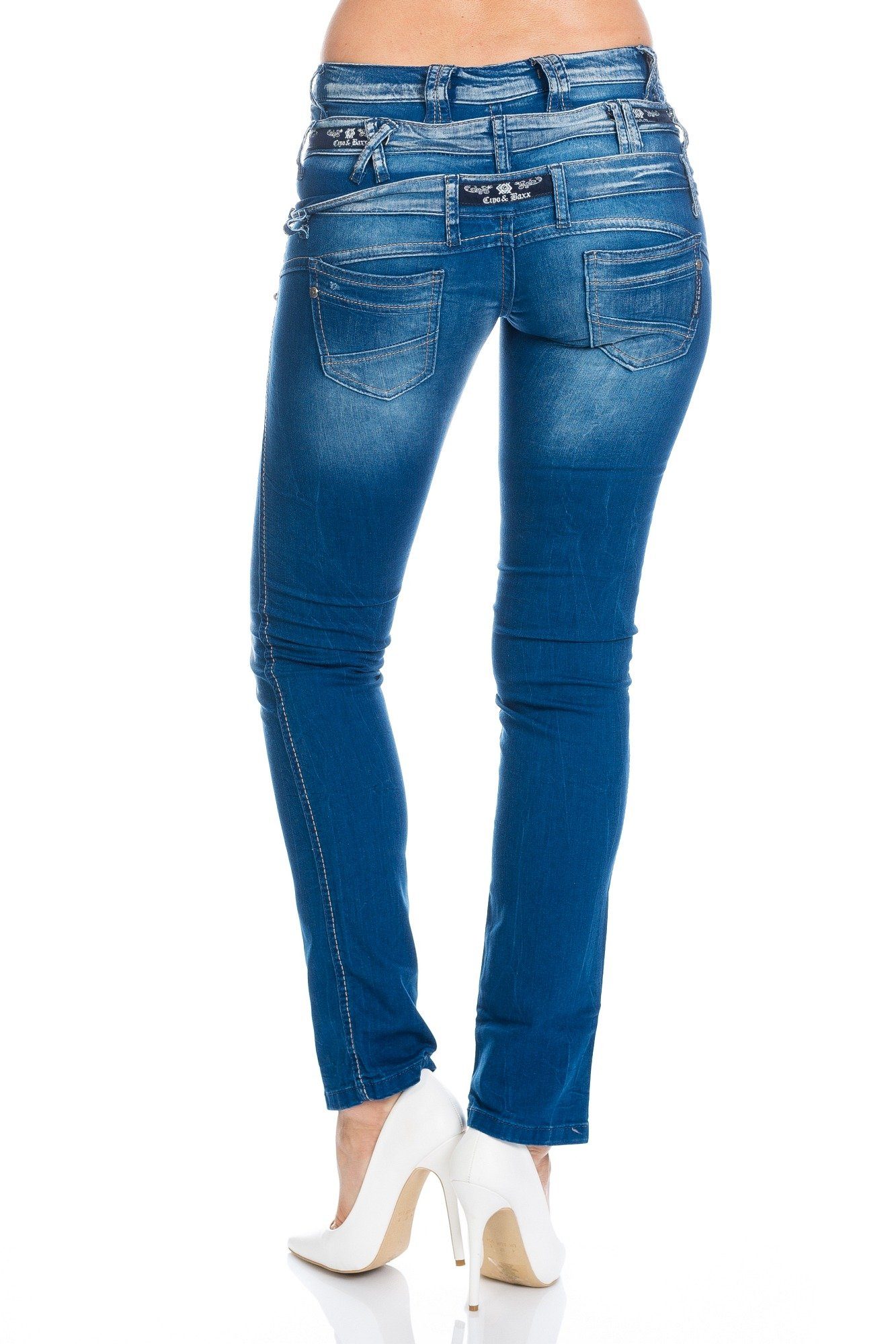 Cipo & Baxx Straight-Jeans Damen Jeans Hose mit extravagantem Design 3 Möglichkeiten einen Gürtel zu tragen