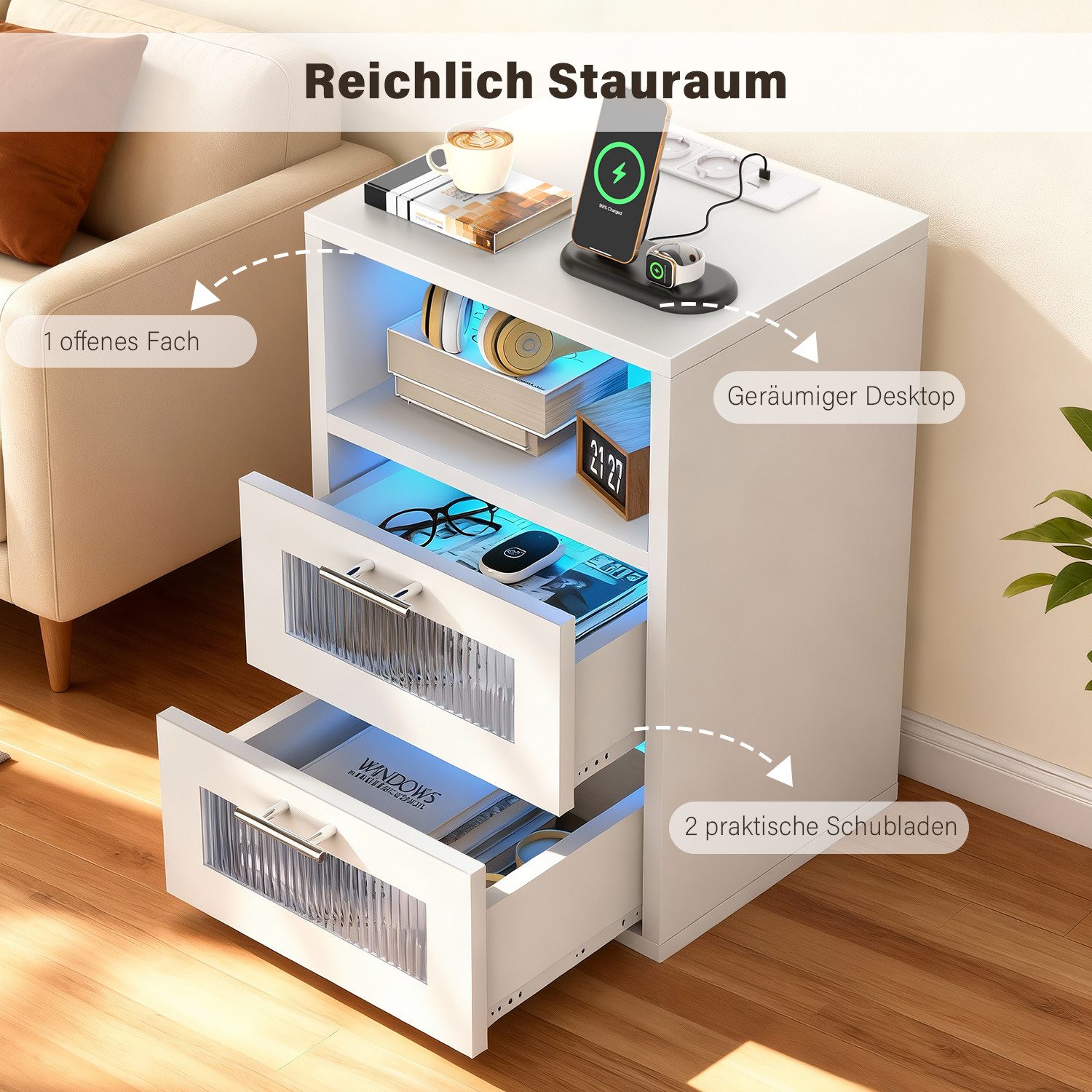 oyajia Nachtkommode Nachttisch mit einstellbarer LED-Beleuchtung, Steckdosen (1 St), Nachtschrank Beistelltisch mit 2 Schubladen und 1 offener Ablage