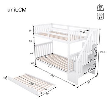 Gotagee Kinderbett Kinderbett Treppenregal ausgestattet mit Rollbett Weiß Etagenbett, ausgestattet mit ausziehbares Rollbett, hohe Geländer