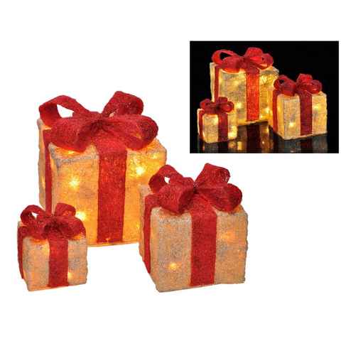 Gravidus LED-Dekofigur 3er Set beleuchtete Geschenkboxen Weihnachten Deko Lampe beige