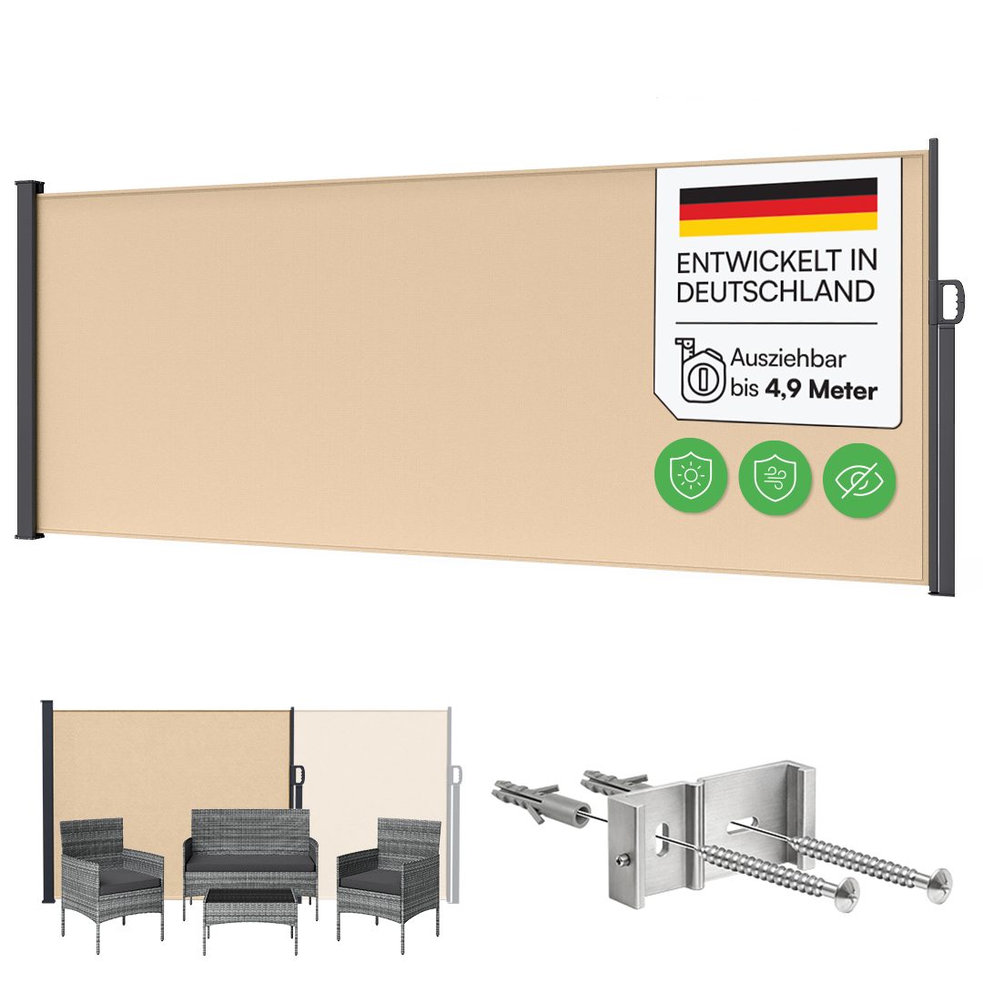 STEELSØN Seitenmarkise Zirella mit individuell einstellbarer Länge (beige, 180x485 cm) Windschutz mit Griff, Sichtschutz ausziehbar, für Garten/Terrasse