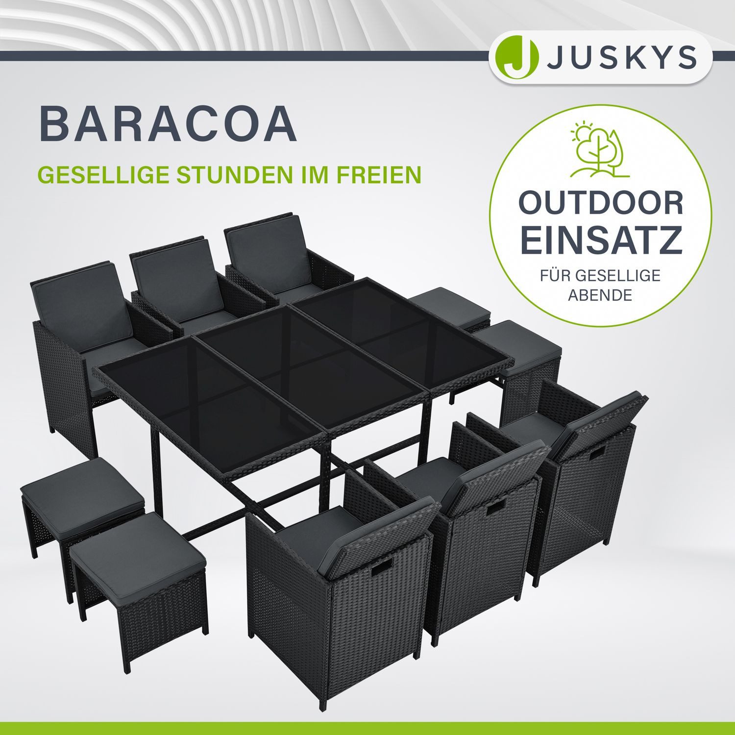 Juskys Garten-Essgruppe Baracoa, (Sitzgruppe), Polyrattan Gartenmöbel Set 11 teilig aus wetterfestem Material