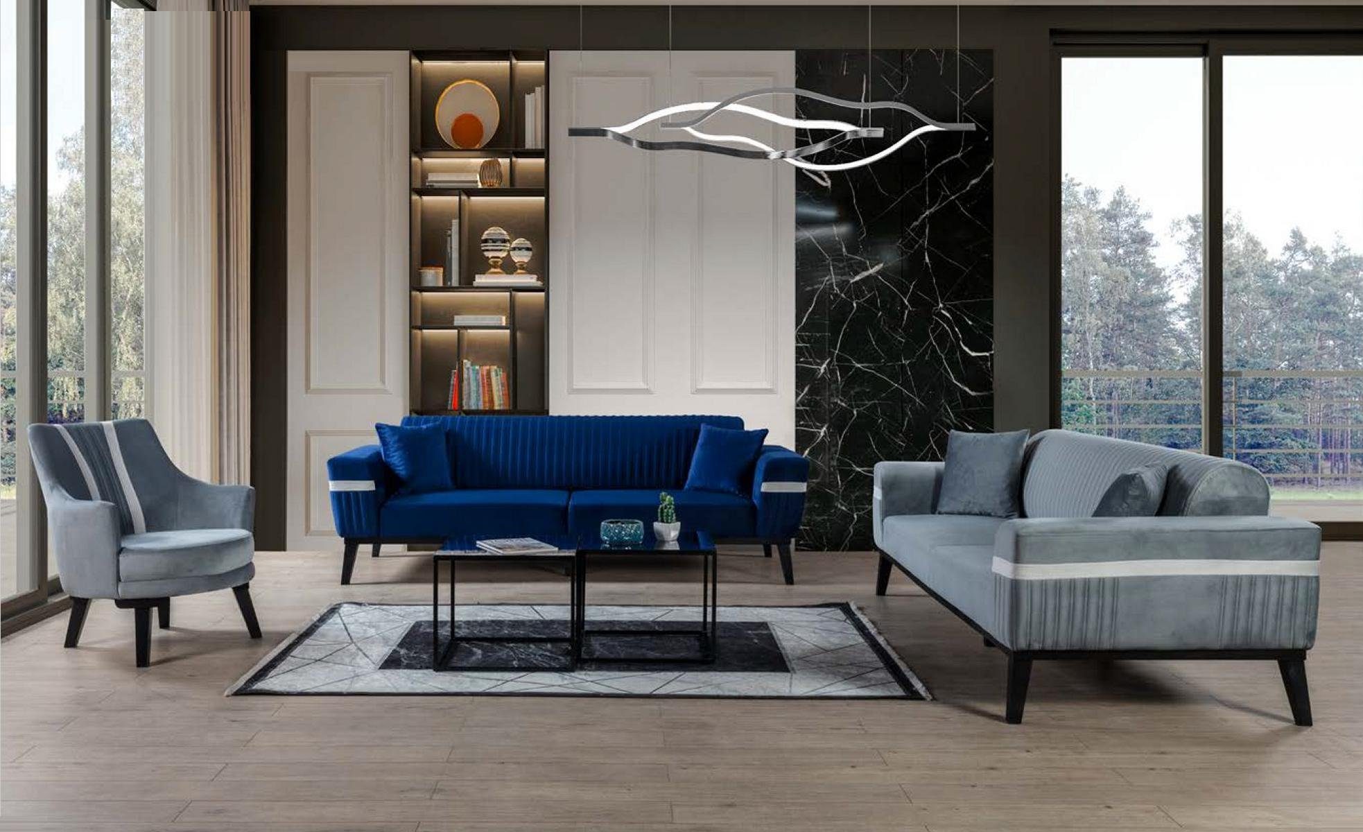 JVmoebel Sofa 3+3+1 Sofagarnitur Sitzer Sofa Sessel Luxus Set Stoff Blau, 3 Teile