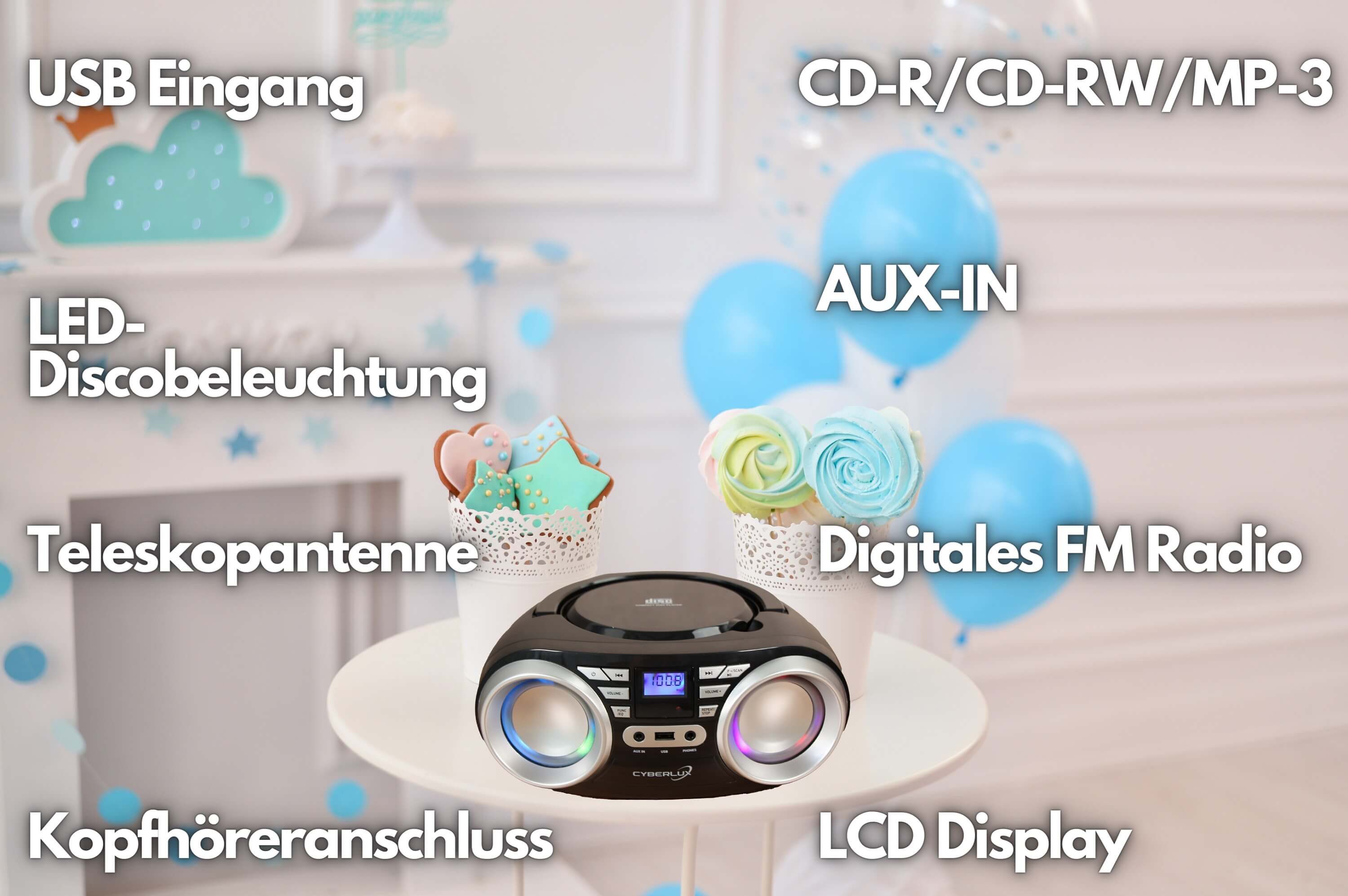 Cyberlux CL-800 tragbarer CD-Player (CD, tragbar,Boombox,LED-Disco-Beleuchtung,FM Radio mit MP3 USB)
