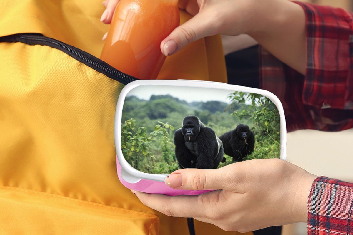 grünen Erwachsene, Zwei Mädchen, gefärbte (2-tlg), einer Kunststoff, schwarz in Lunchbox Brotdose Kunststoff MuchoWow für rosa Gorillas Kinder, Snackbox, Umgebung, Brotbox