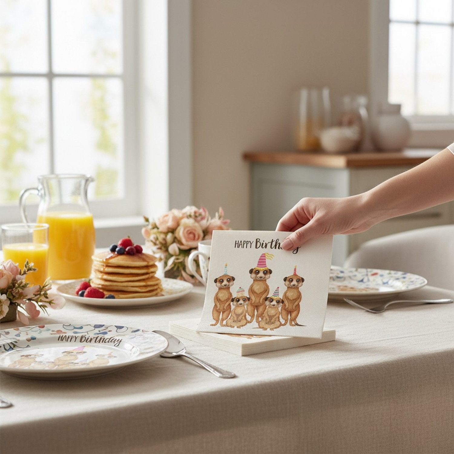 Macosa Home Papierserviette Servietten Set 40 Stk. Happy Birthday Erdmännchen Beige Braun, (Partyservietten, Papierservietten Einweg-Servietten), Papier Tischdeko Geburtstag Cocktailservietten