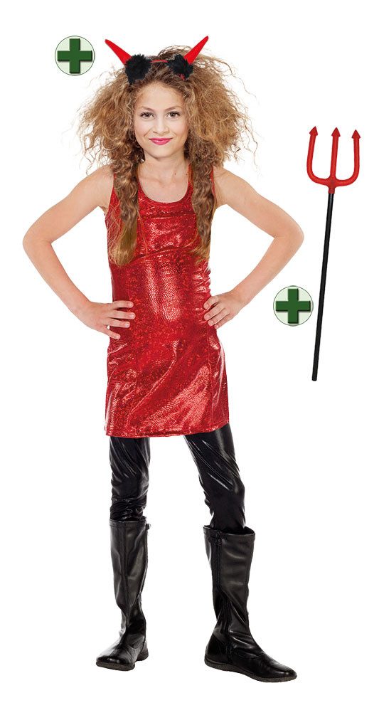 Karneval-Klamotten Teufel-Kostüm Kinder Teufelskleid rot Teufelshörner Teufelsgabel, Halloween Kinderkostüm Mädchenkostüm