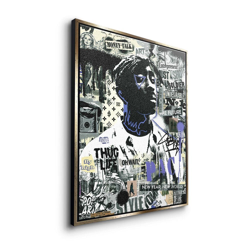 - Tupac DOTCOMCANVAS® goldener Motivationsbild Premium Leinwandbild, Streetart - Rahmen