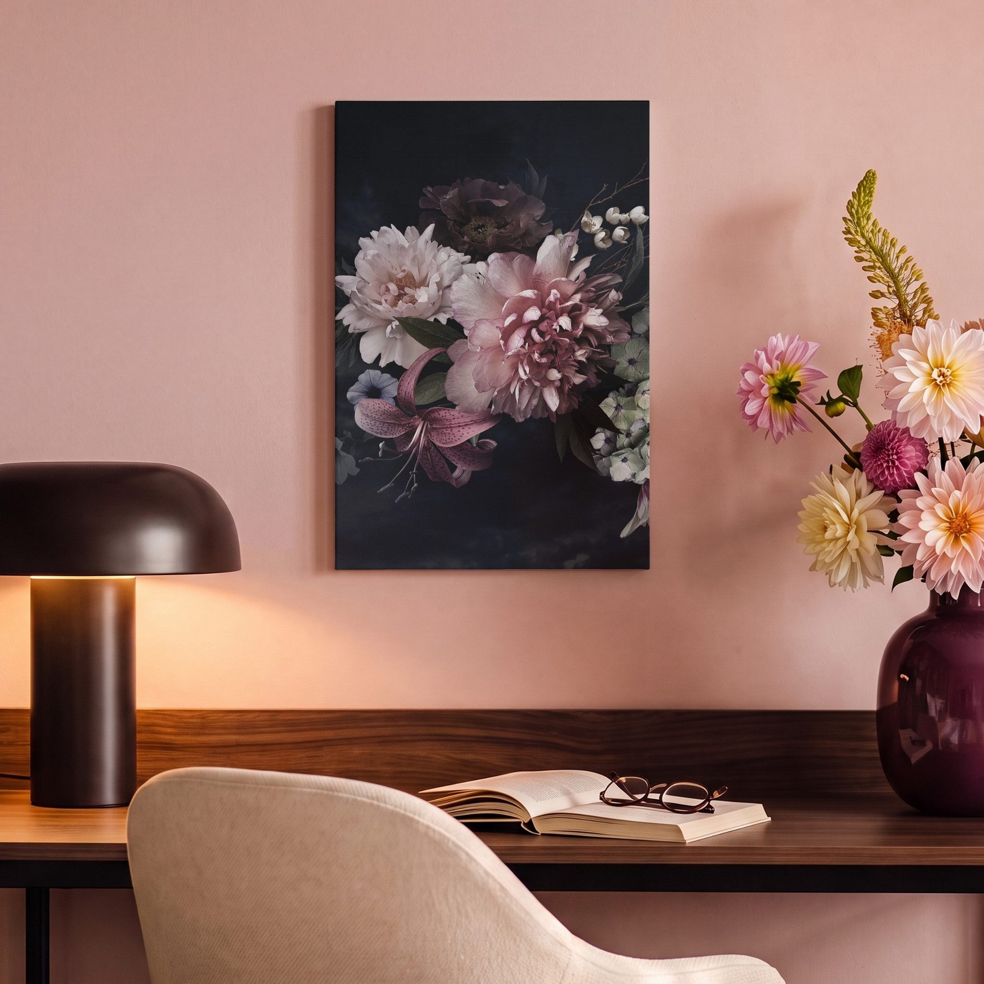 OneMillionCanvasses® Leinwandbild Blumen - Vintage - Pastell - Schwarz - Blumenstrauß, Fotodruck (1 St), Leinwand Bilder Klein, Wand Dekoration Aesthetic 30x20  – Bild 4 von 5