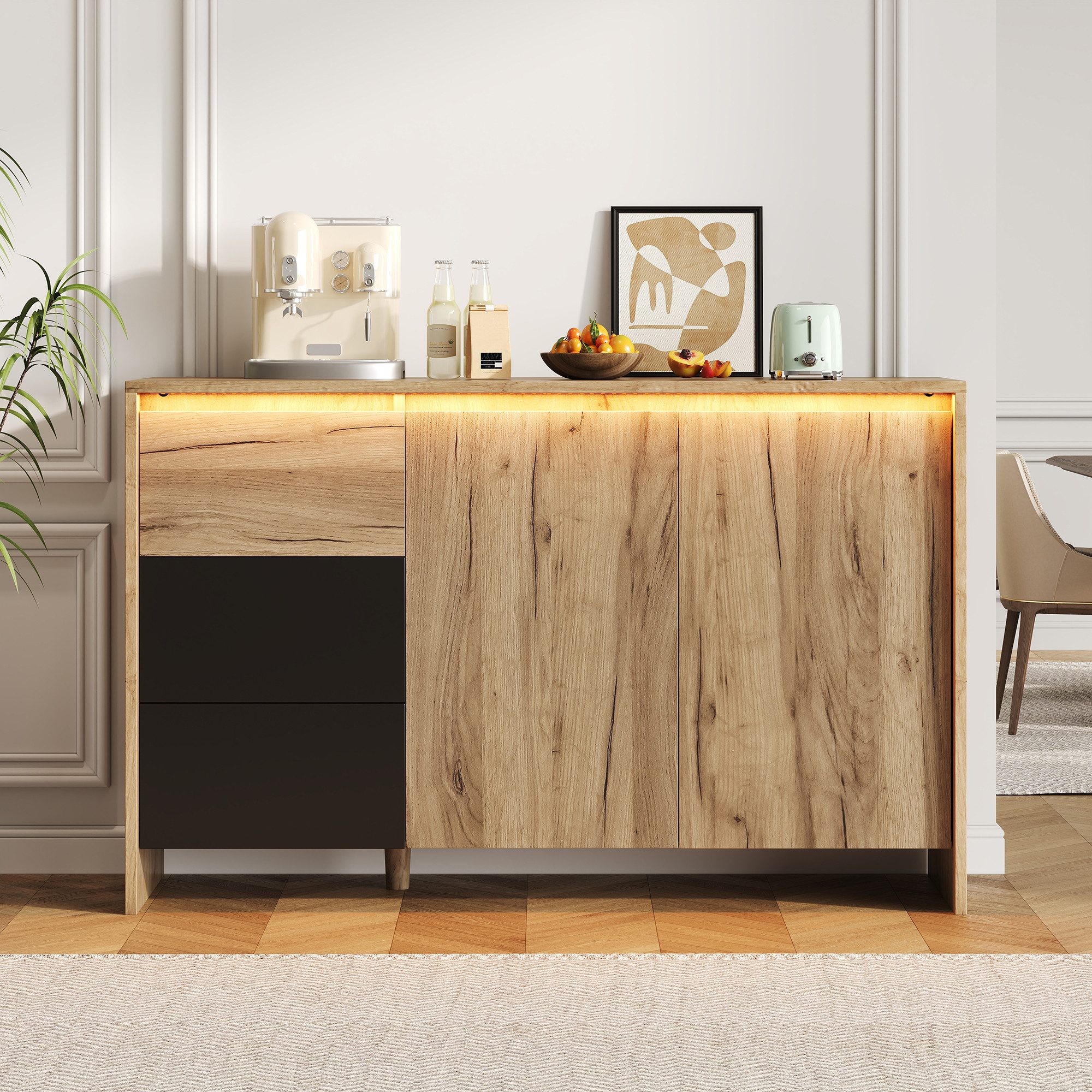 Flieks Kommode mit LED-Beleuchtung, 3 Schubladen und 2 Türen Holzoptik (Schrank für Wohnzimmer, Schlafzimmer, Esszimmer, Flur, 1 St., B120/T40/H76 cm), Mehrzweckschrank Sideboard mit verstellbarer Einlegeböden Landhausstil