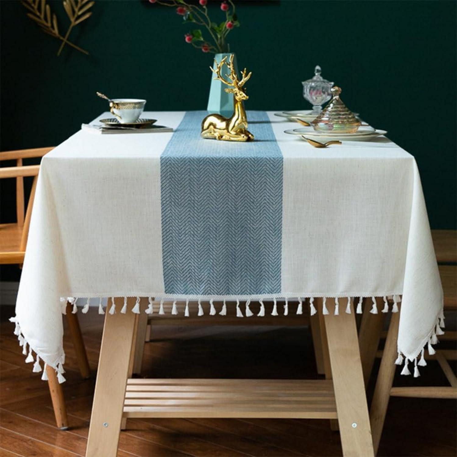 LuxusKollektion Tischdecke Tischdecke Leinen-Baumwolle Gestreift mit Quasten Weiß 140x140 (1-tlg)