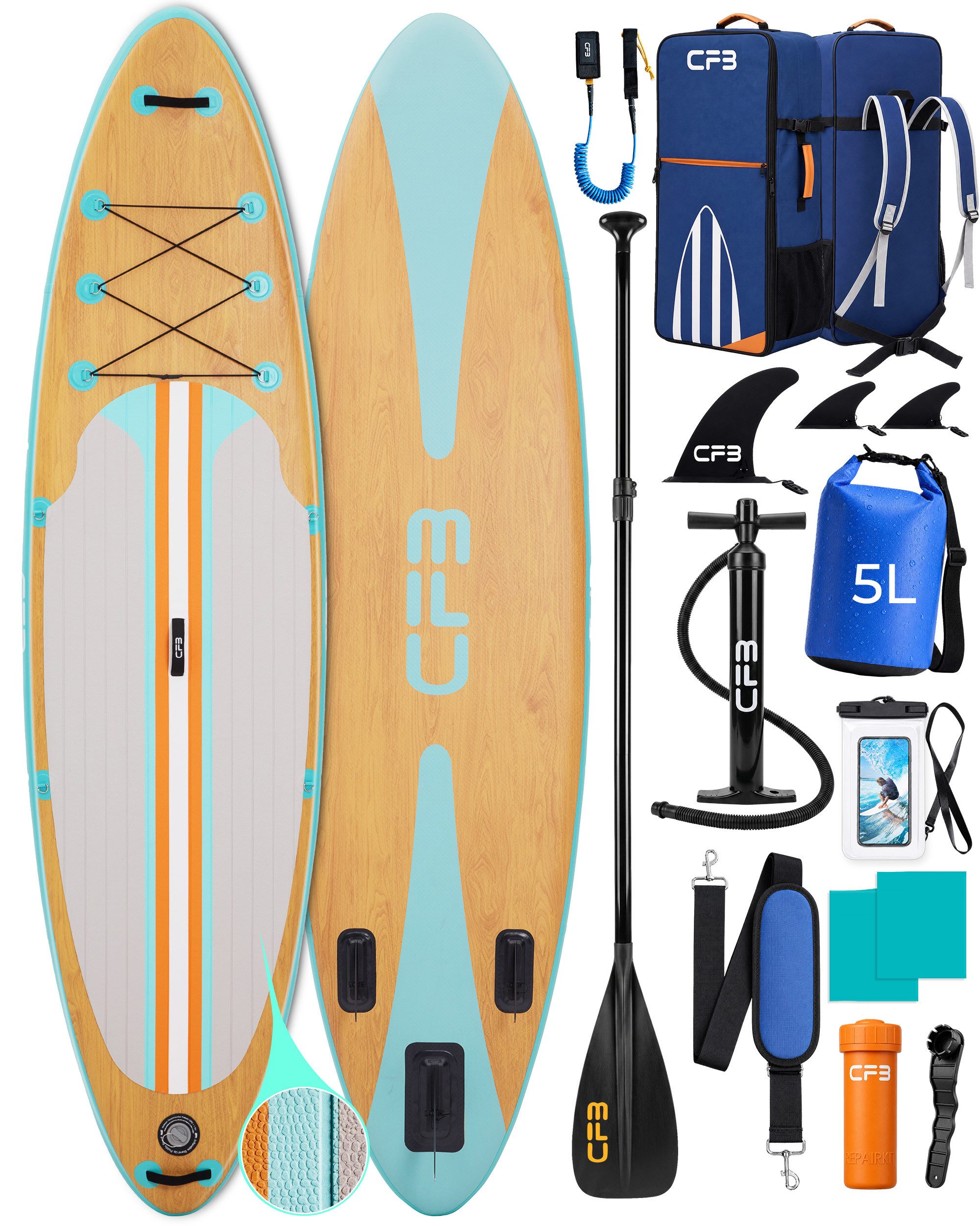 CFB SUP-Board Set 320x84x15 cm extra breit, 160 kg Traglast, aufblasbares Stand Up Paddle Board, (Komplett-Set, mit Paddel, Pumpe, Rucksack, 5L Dry Bag und Schultergurt), für Anfänger und Erwachsene