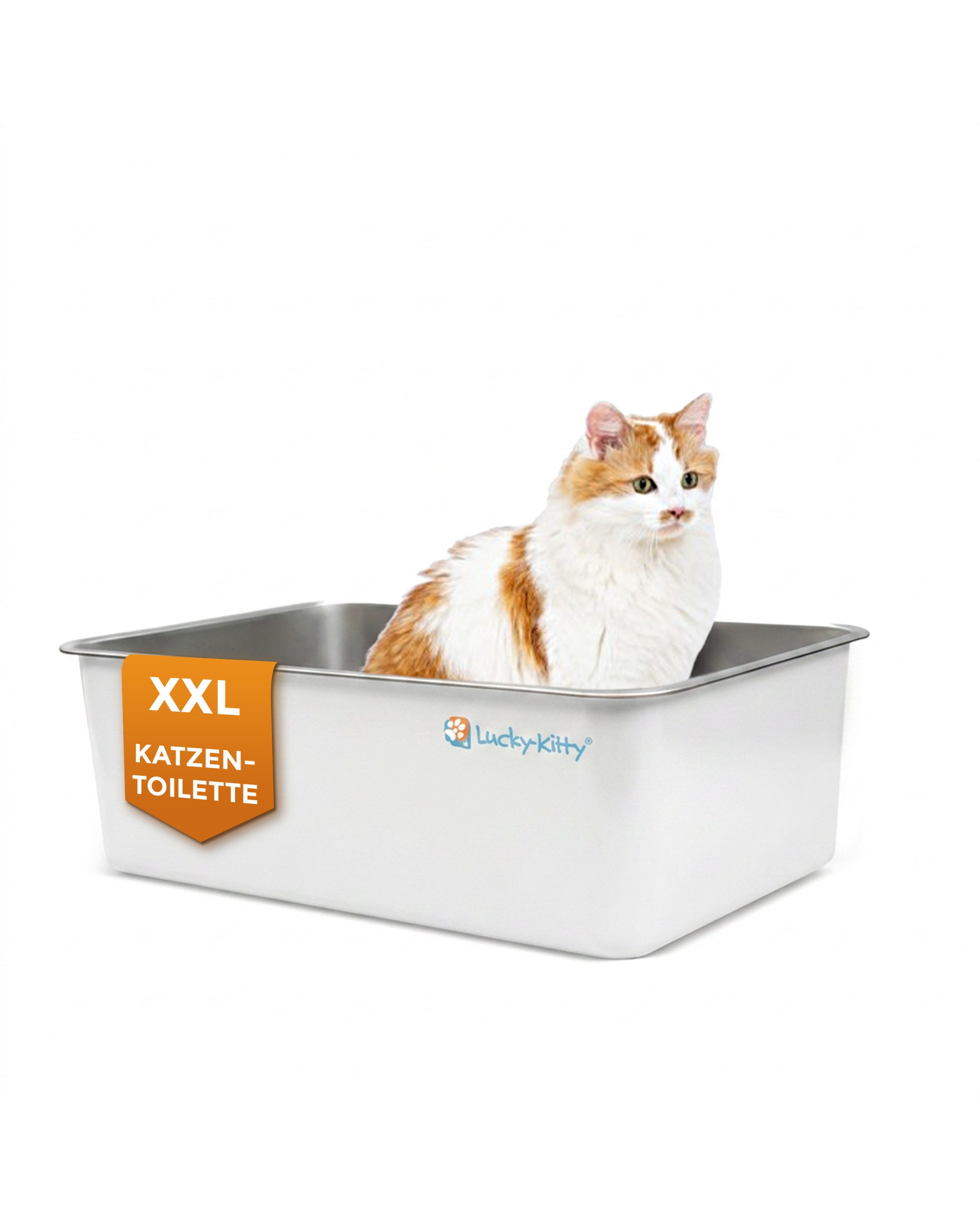 Lucky-Kitty Katzentoilette Katzentoilette Edelstahl XXL, große Katzentoilette, geruchsfrei, 60x40x20 cm, weiß, schwarz, grau