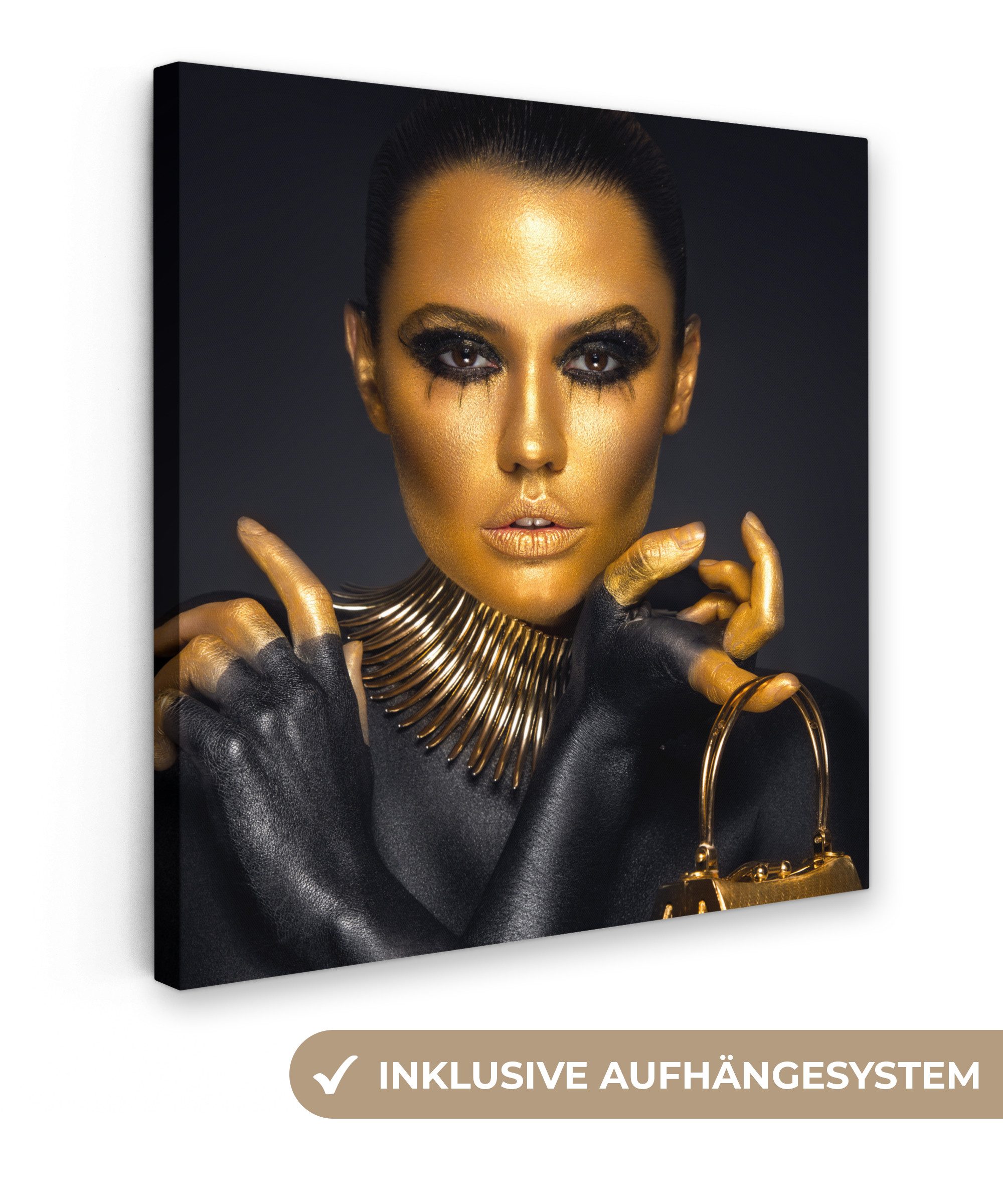 OneMillionCanvasses® Leinwandbild Make-up - Tasche - Gold - Luxus - Frau, Fotodruck (1 St), Wandbild, Deko Schlafzimmer Wohnzimmer Flur 20x20 cm