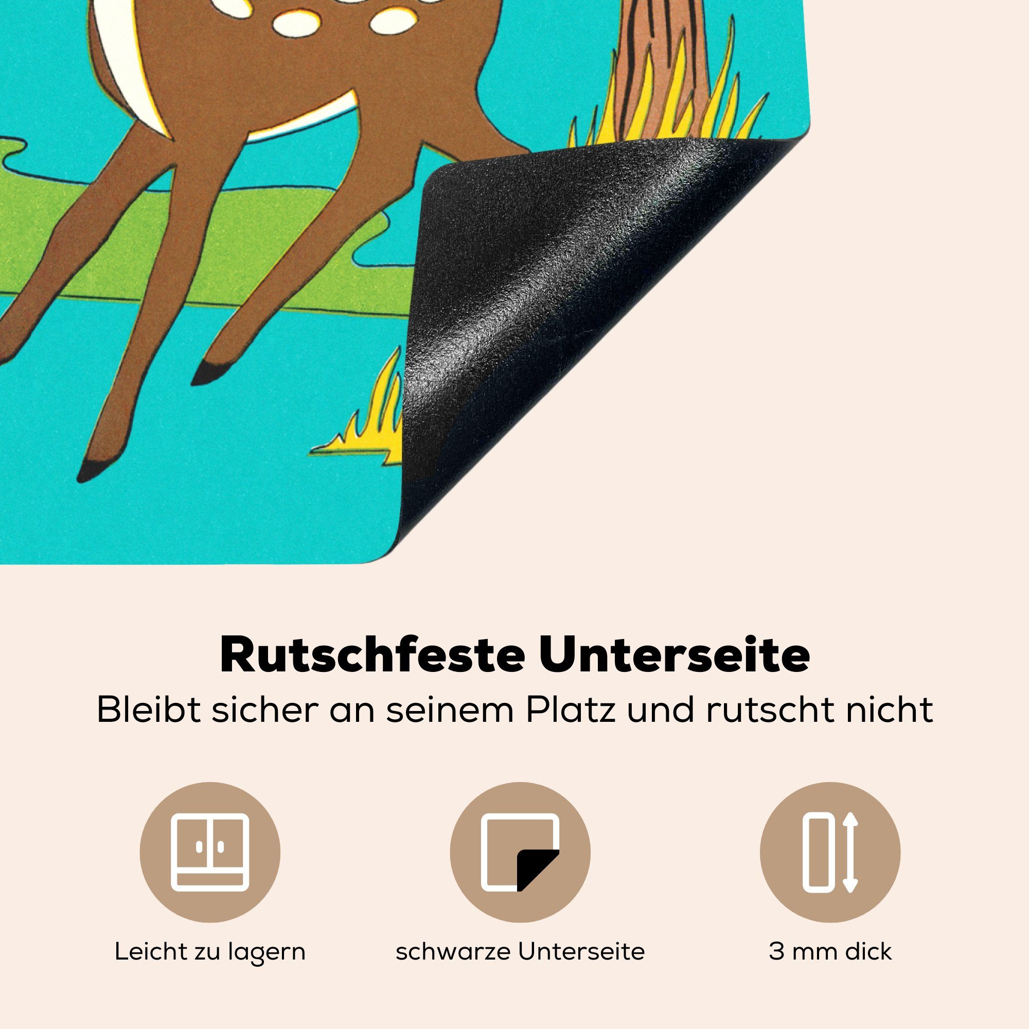 MuchoWow Arbeitsfläche tlg), Vinyl, Eine jungen cm, das Rehs, Mobile einen (1 Ceranfeldabdeckung und Hasen, nutzbar, eines Herdblende-/Abdeckplatte braunen 60x52 Illustration