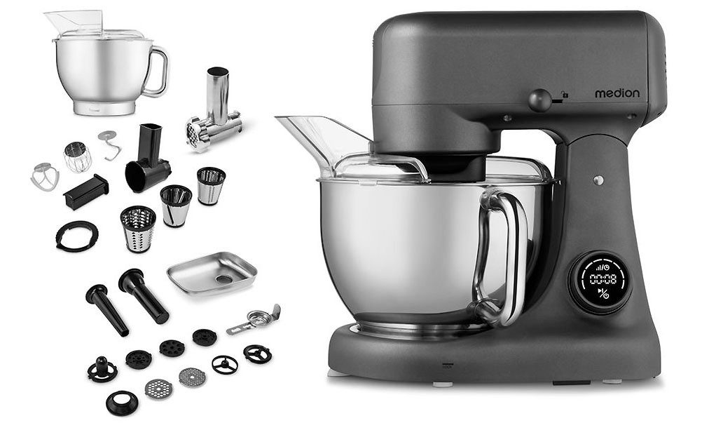 Medion® Küchenmaschine MD12600, Ultraleiser 800 W Gleichstrom-Motor, 800 W, 4,7 l Schüssel, Mit umfangreichem Zubehör-Set, Fleischwolf-Aufsatz, Gemüsereibe