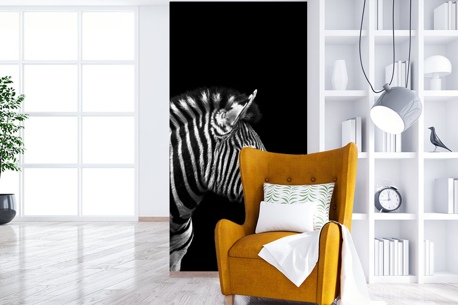 - Weiß Schlafzimmer Porträt bedruckt, MuchoWow - Vliestapete Schwarz Küche, - (2 St), Fototapete Zebra Fototapete Tiere, Matt, - Wohnzimmer für