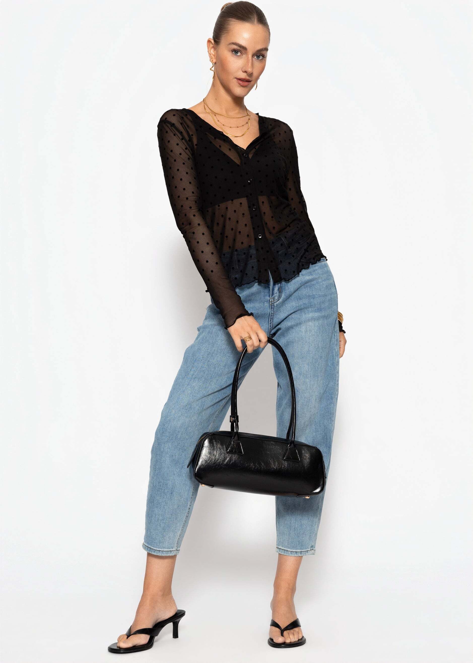 SASSYCLASSY Longshirt Mesh-Bluse mit Punktemuster für Damen Transparentes Langarmshirt mit Knopfleiste und dezentem Stehkragen
