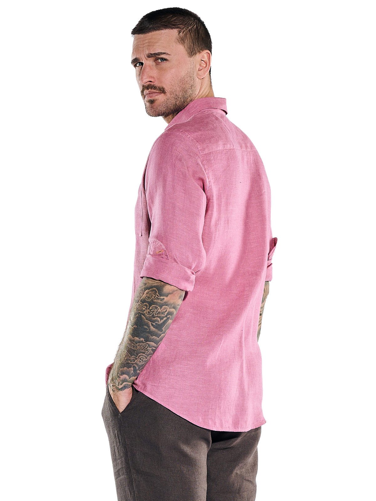 emilio adani Langarmhemd Herren Leinen-Hemd mit Haifisch-Kragen, Rosa