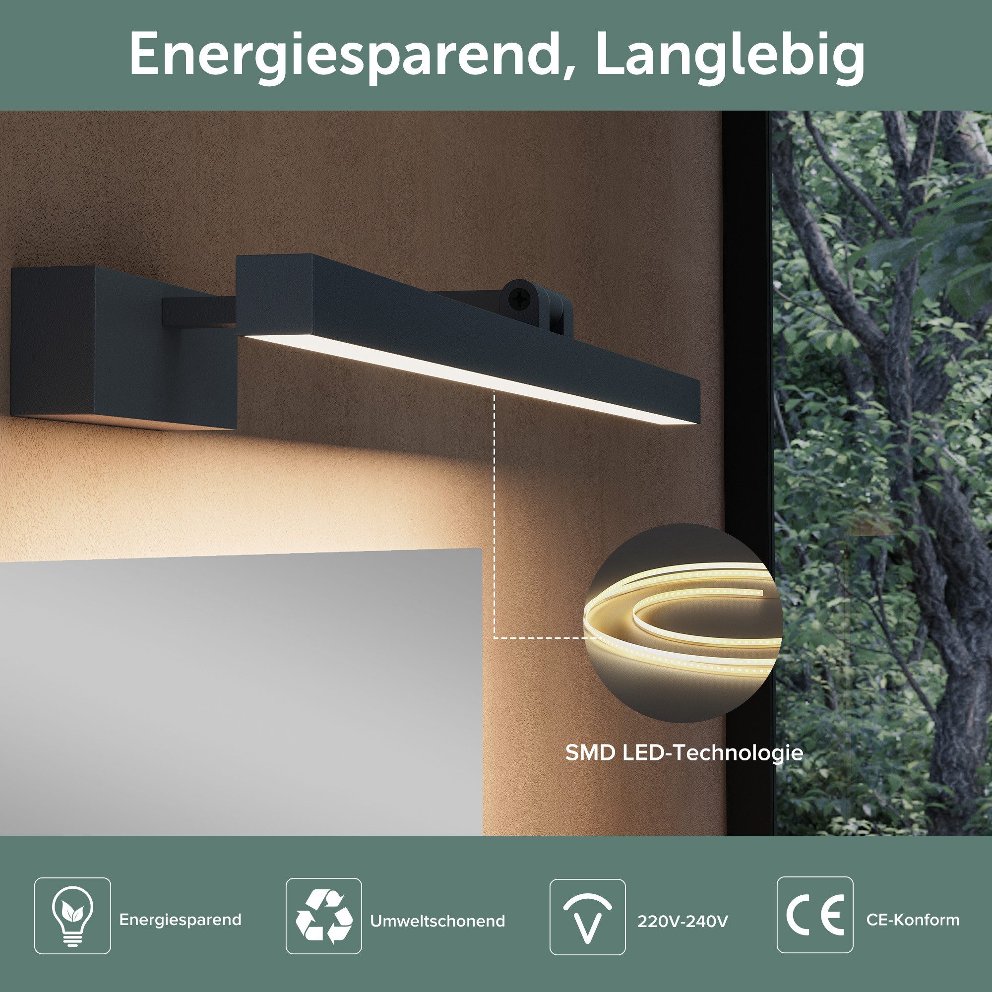doporro LED Spiegelleuchte Wandleuchte LED-Spiegellampe 40/60cm 9W/14W RA≥80 Strahlenschön, 180° drehbar, E27-Sockel, wasserfest – Bild 3 von 5