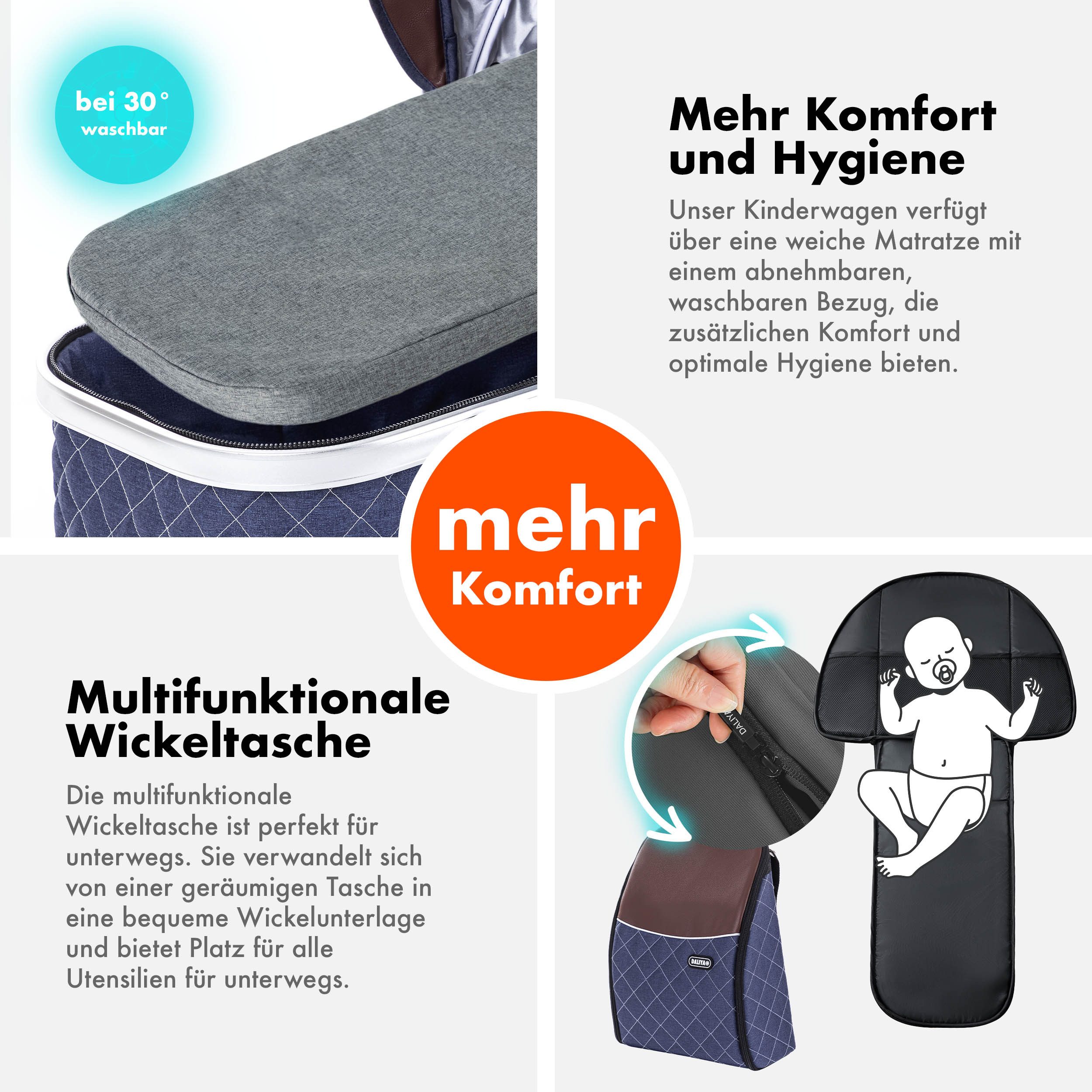Daliya® Kombi-Kinderwagen BAMBIMO 3in1 Kinderwagen & Buggy mit Auto-Babyschale und Adapter, (XXL-Set inkl. Wickeltasche und Spieltisch, 15-tlg), Babyschale, Airless-Räder, Federung, weiche Matratze, Belüftungssystem