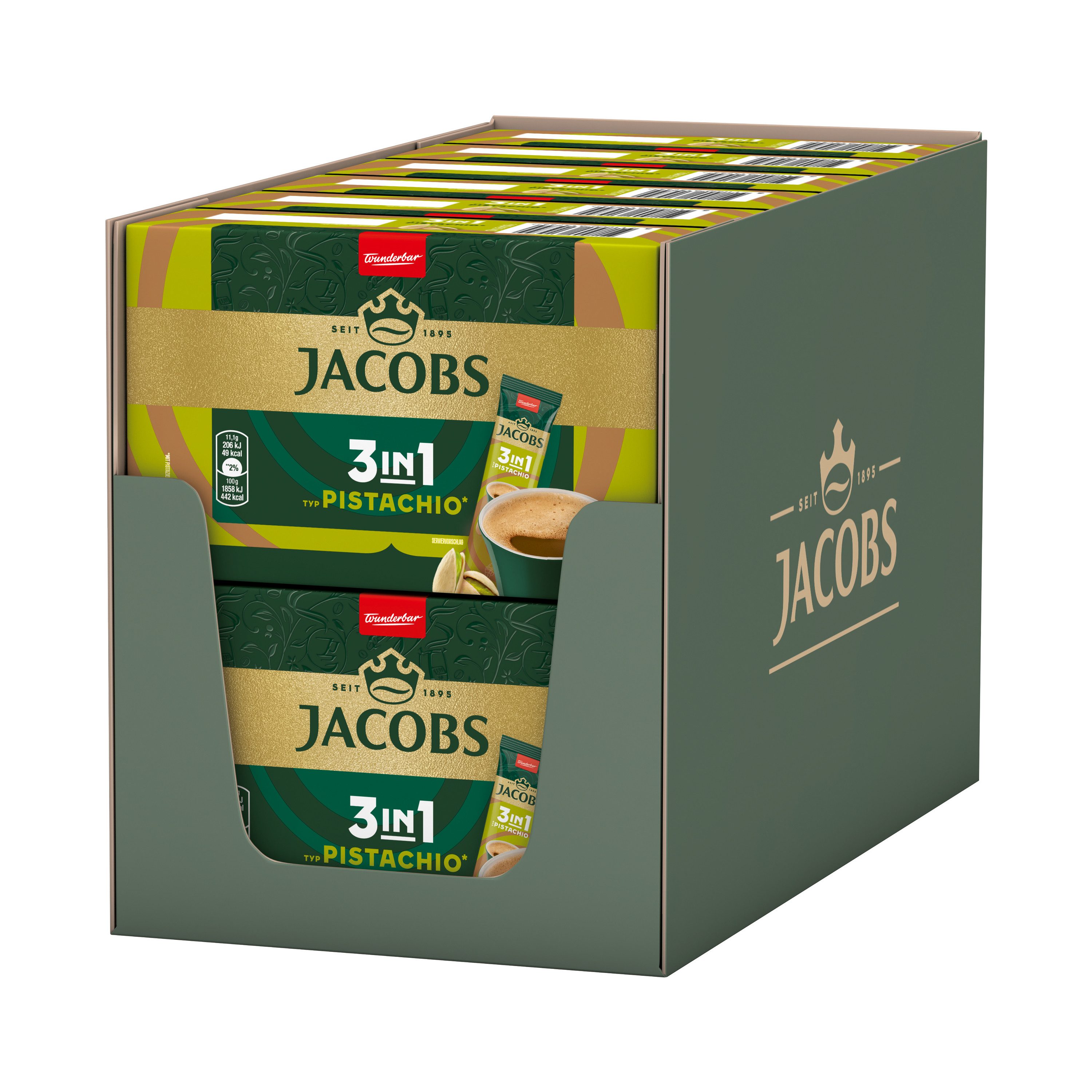 JACOBS Kaffee Löskaffee 3in1 Typ Pistachio 12 x 10 Kaffeesticks Getränkestick, 12 x 111 g, (Set, 12er)